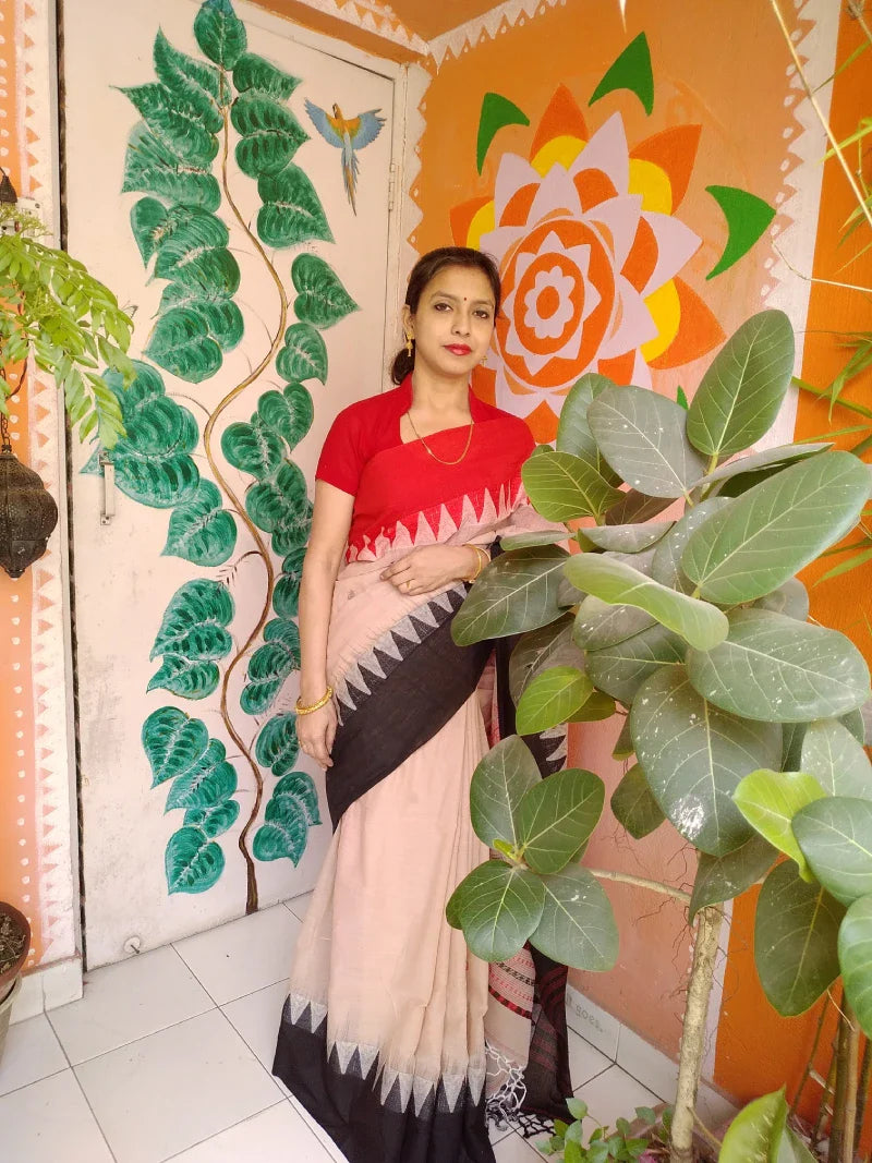 Blush Pink White Red Mercerized Cotton Handwoven Saree Abstract