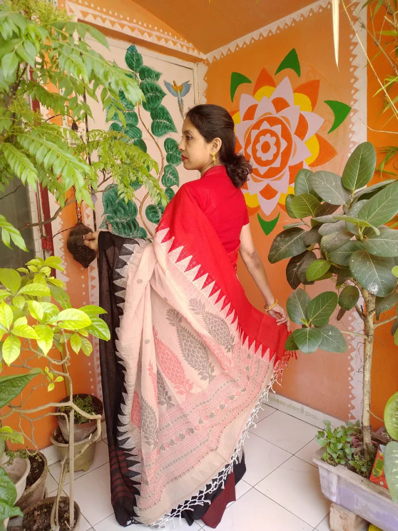 Blush Pink White Red Mercerized Cotton Handwoven Saree Abstract