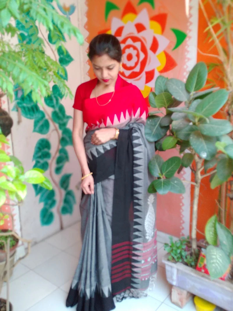 Black Red Mercerized Cotton Handwoven Saree Jamdani Kalka Temple Abstract