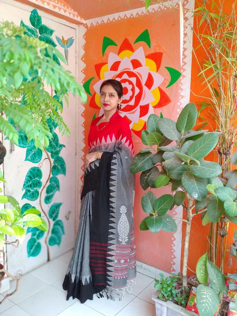 Black Red Mercerized Cotton Handwoven Saree Jamdani Kalka Temple Abstract