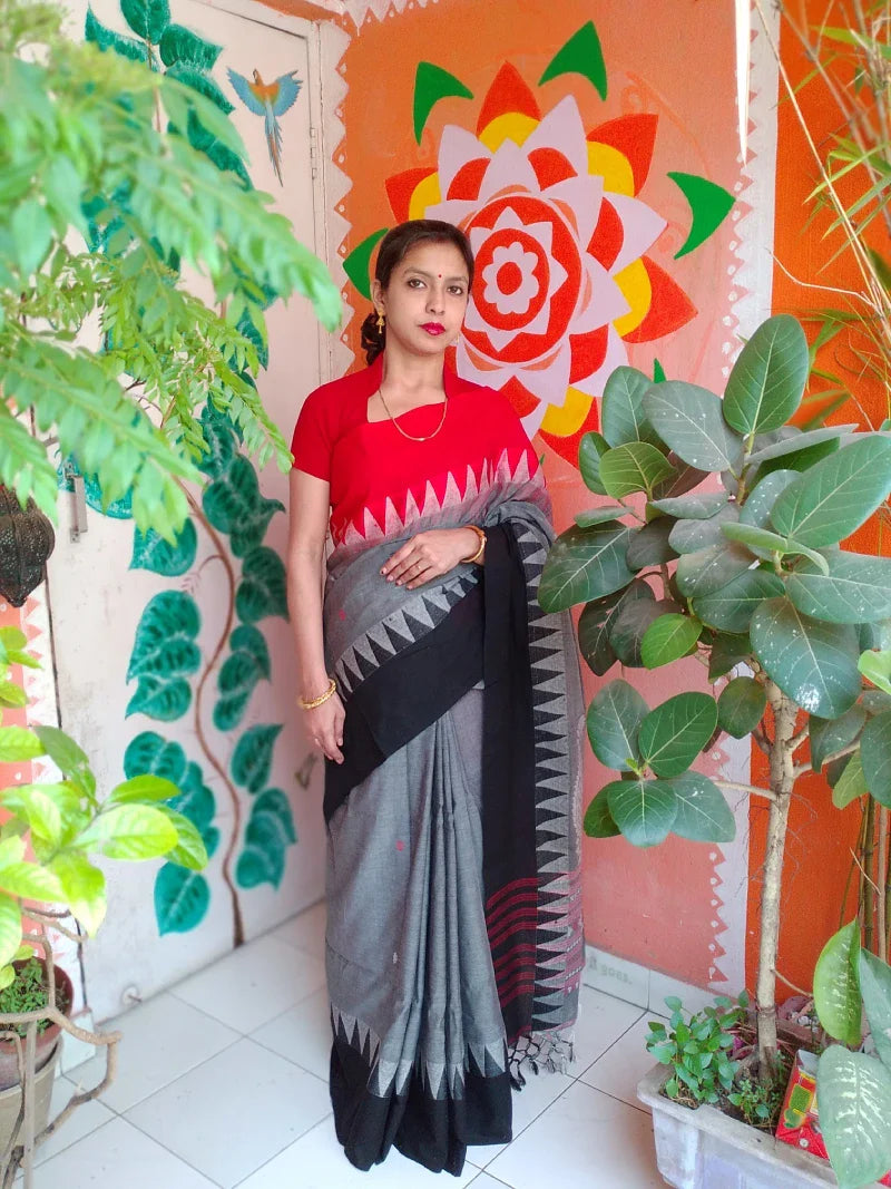 Black Red Mercerized Cotton Handwoven Saree Jamdani Kalka Temple Abstract