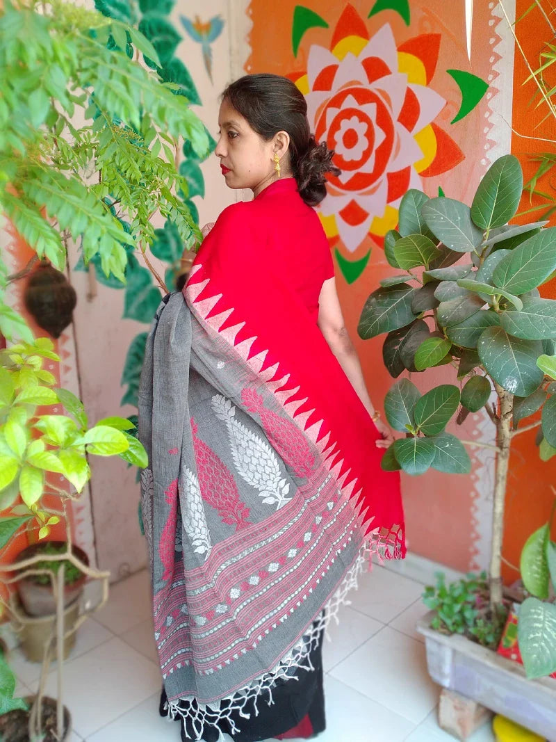 Black Red Mercerized Cotton Handwoven Saree Jamdani Kalka Temple Abstract