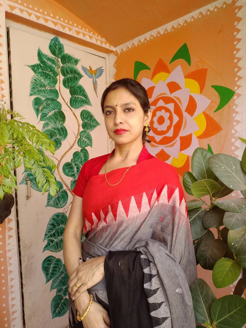 Black Red Mercerized Cotton Handwoven Saree Jamdani Kalka Temple Abstract