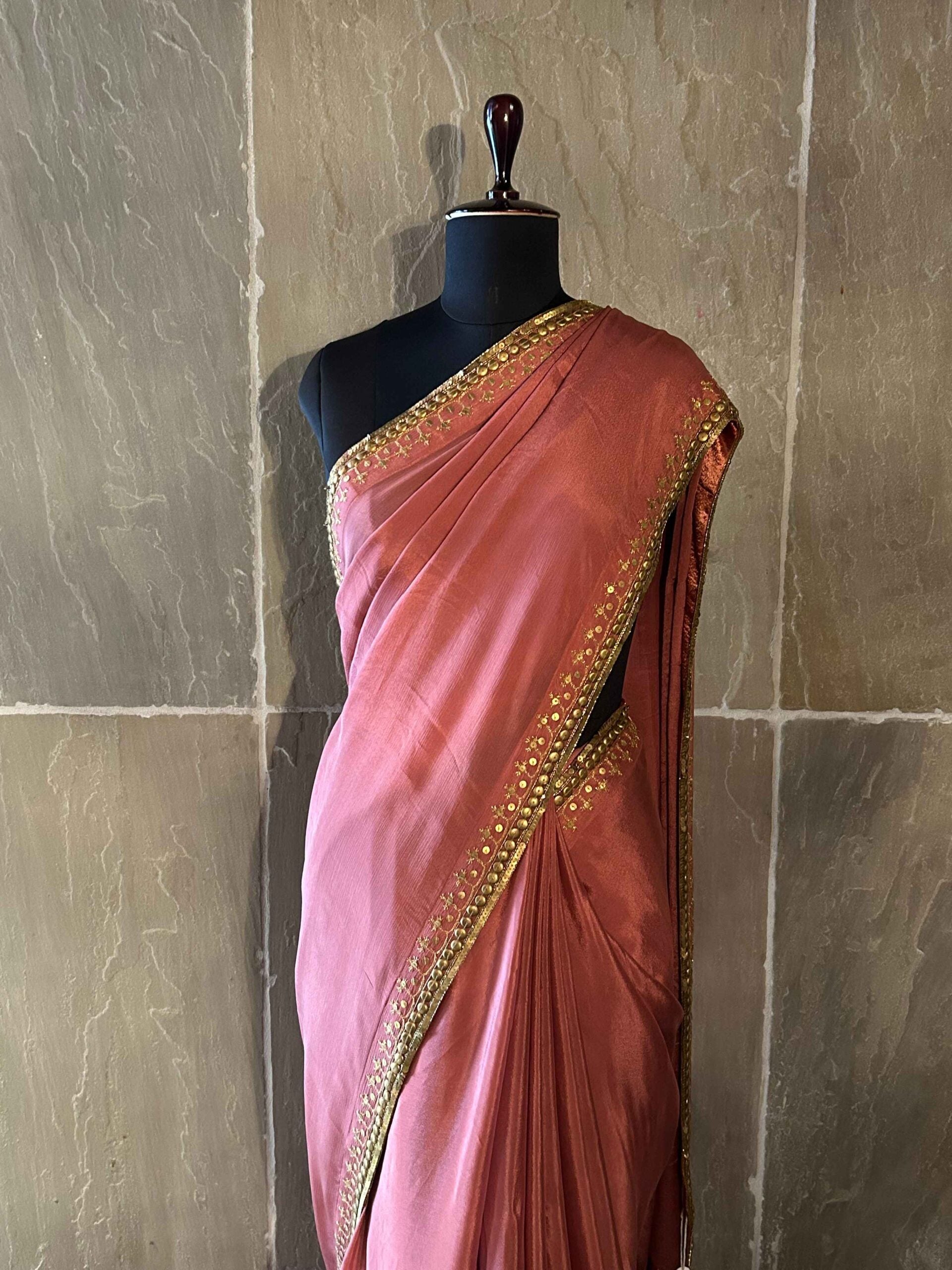 Onion Pink Satin Crepe Saree with Metal Embellishments