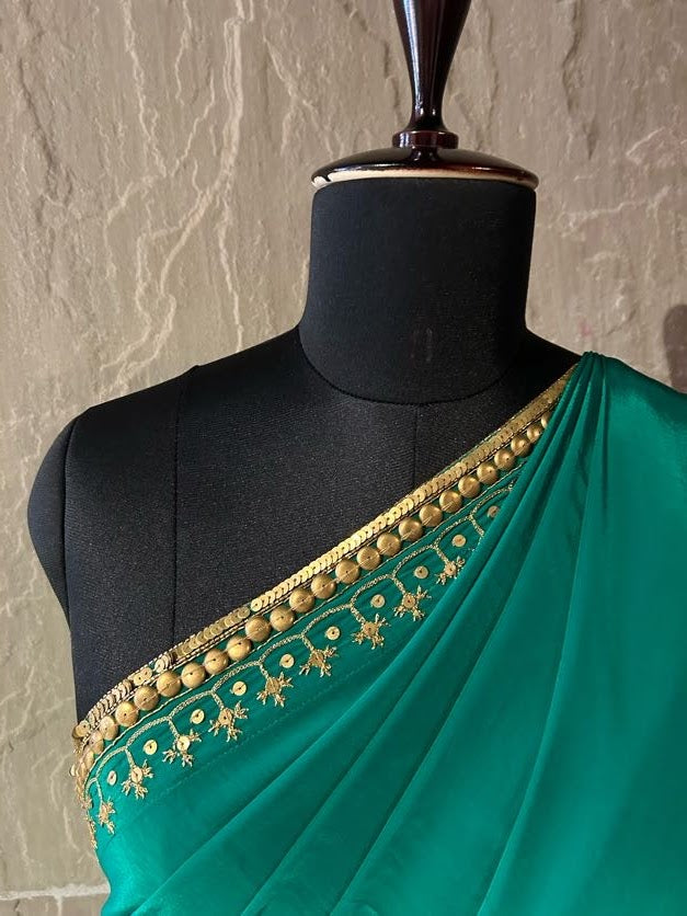 Emerald Green Crepe Silk Saree with Metal Embellishments