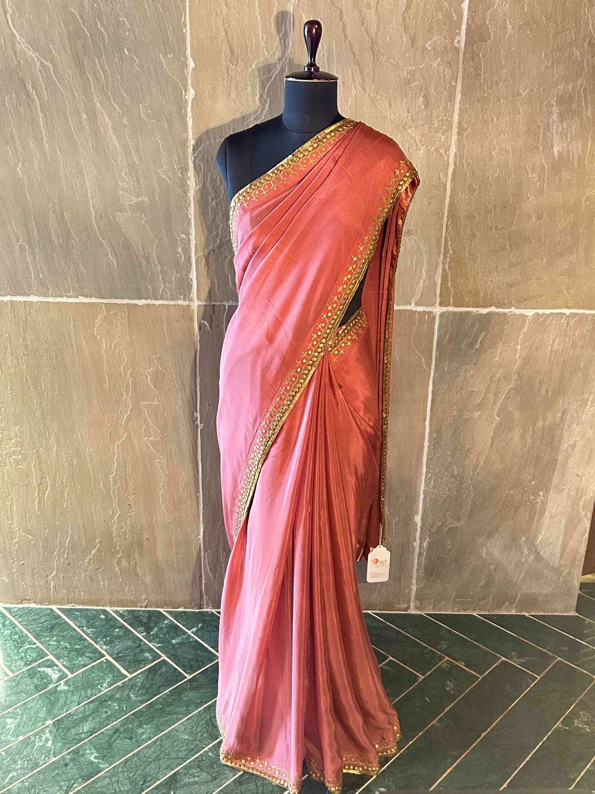 Onion Pink Satin Crepe Saree with Metal Embellishments