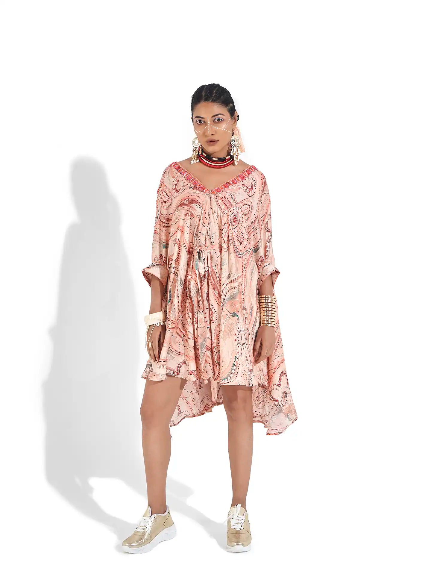 Enchanting Pink Tropical Blush Satin Evara Short Kaftan Sequins