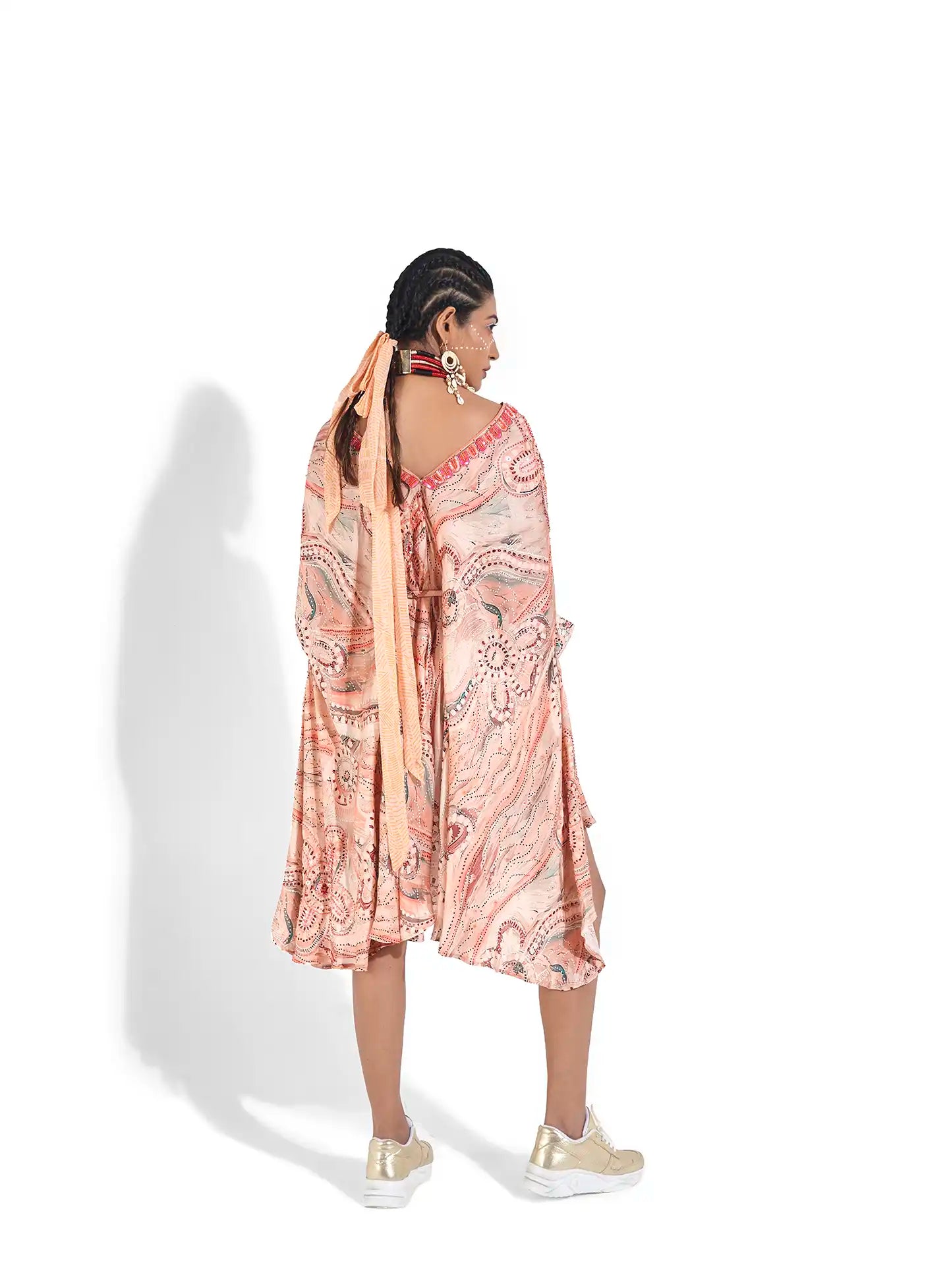 Enchanting Pink Tropical Blush Satin Evara Short Kaftan Sequins