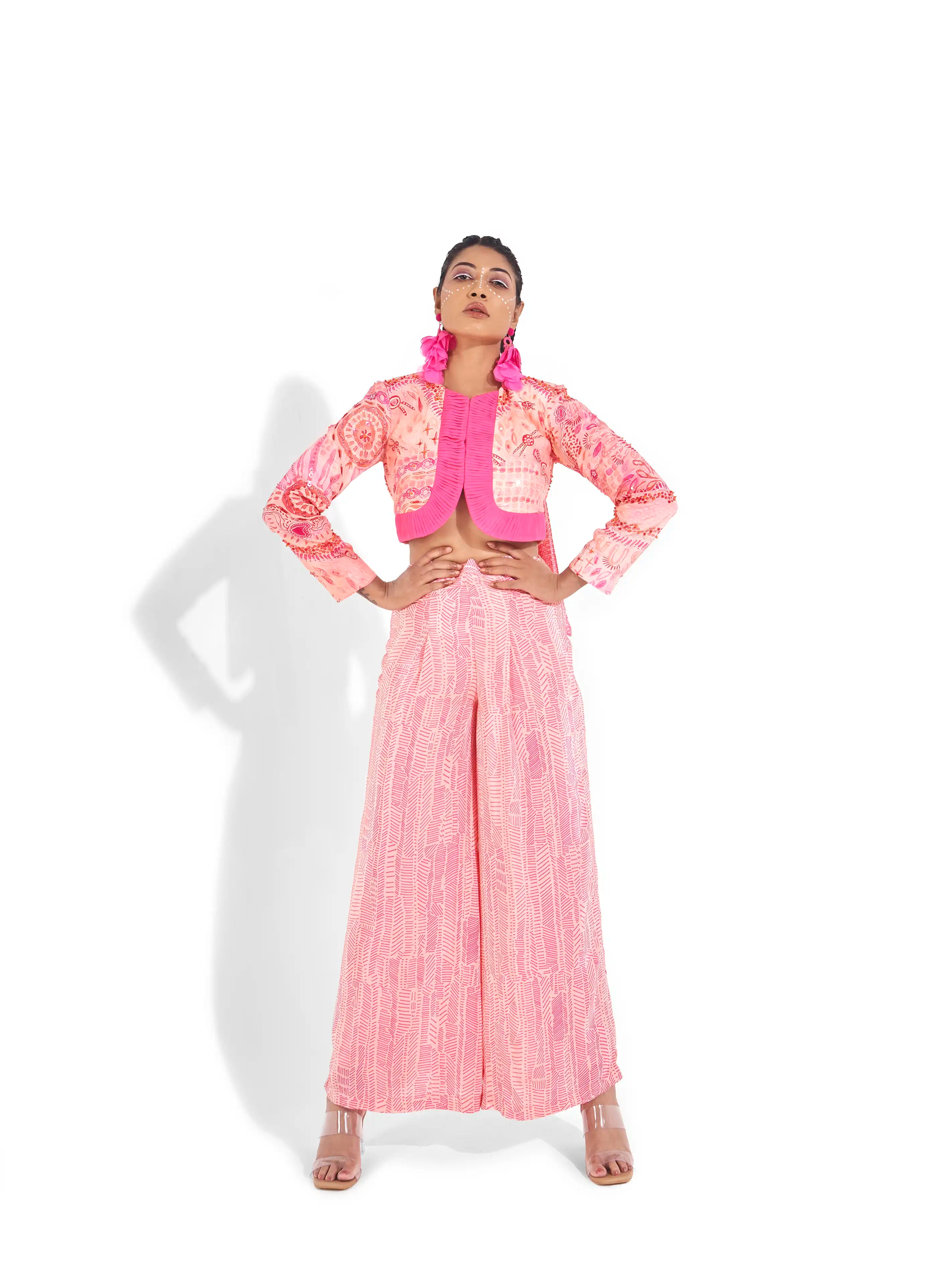 Striking Pink Hot Crepe Nysaa Crop Jacket & Wide Leg Pants Set