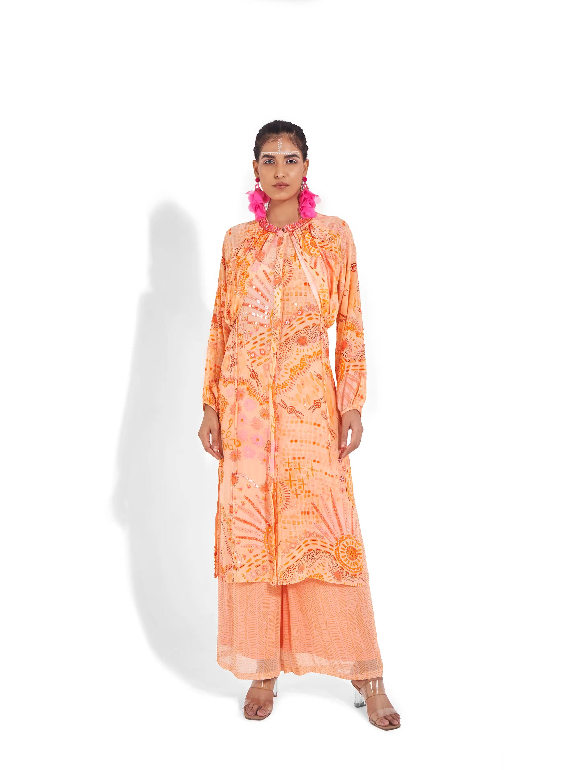 Stylish Peach Sunset Orange Crepe Onora Embroidered Kurta Set