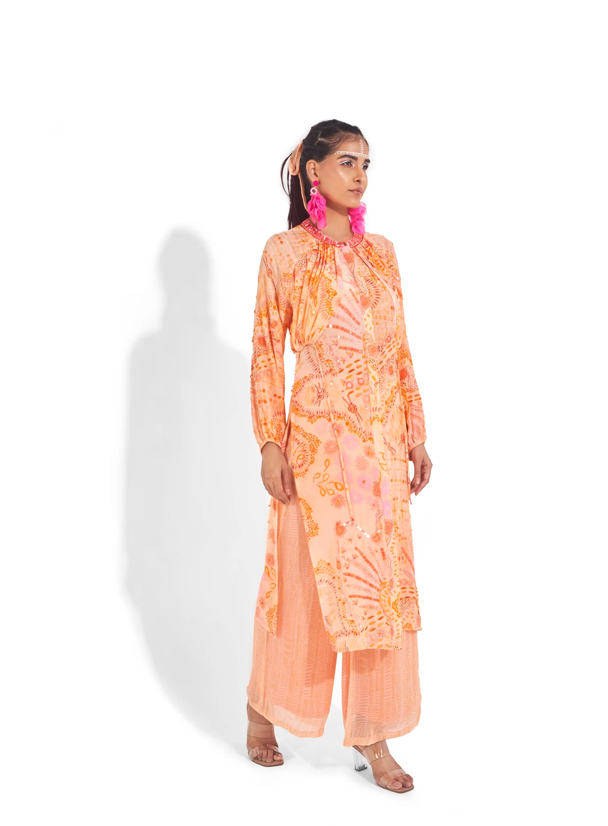 Stylish Peach Sunset Orange Crepe Onora Kurta & Wide Leg Pants