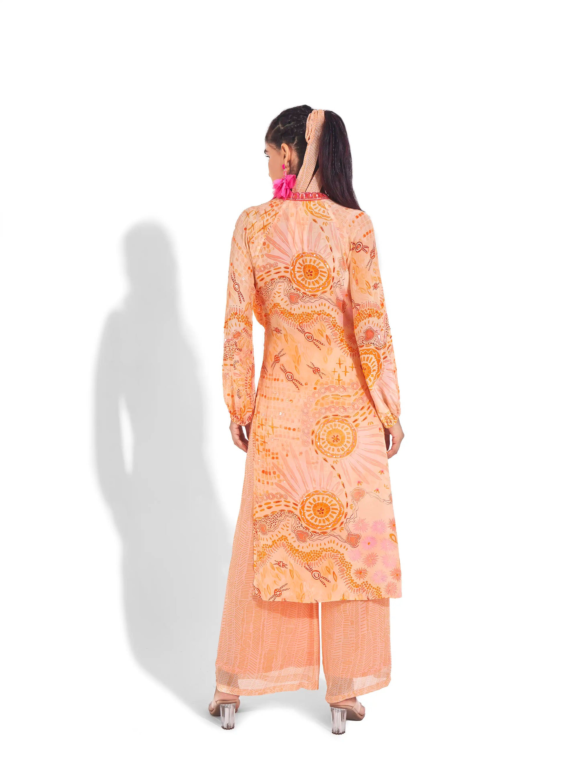 Stylish Peach Sunset Orange Crepe Onora Kurta & Wide Leg Pants