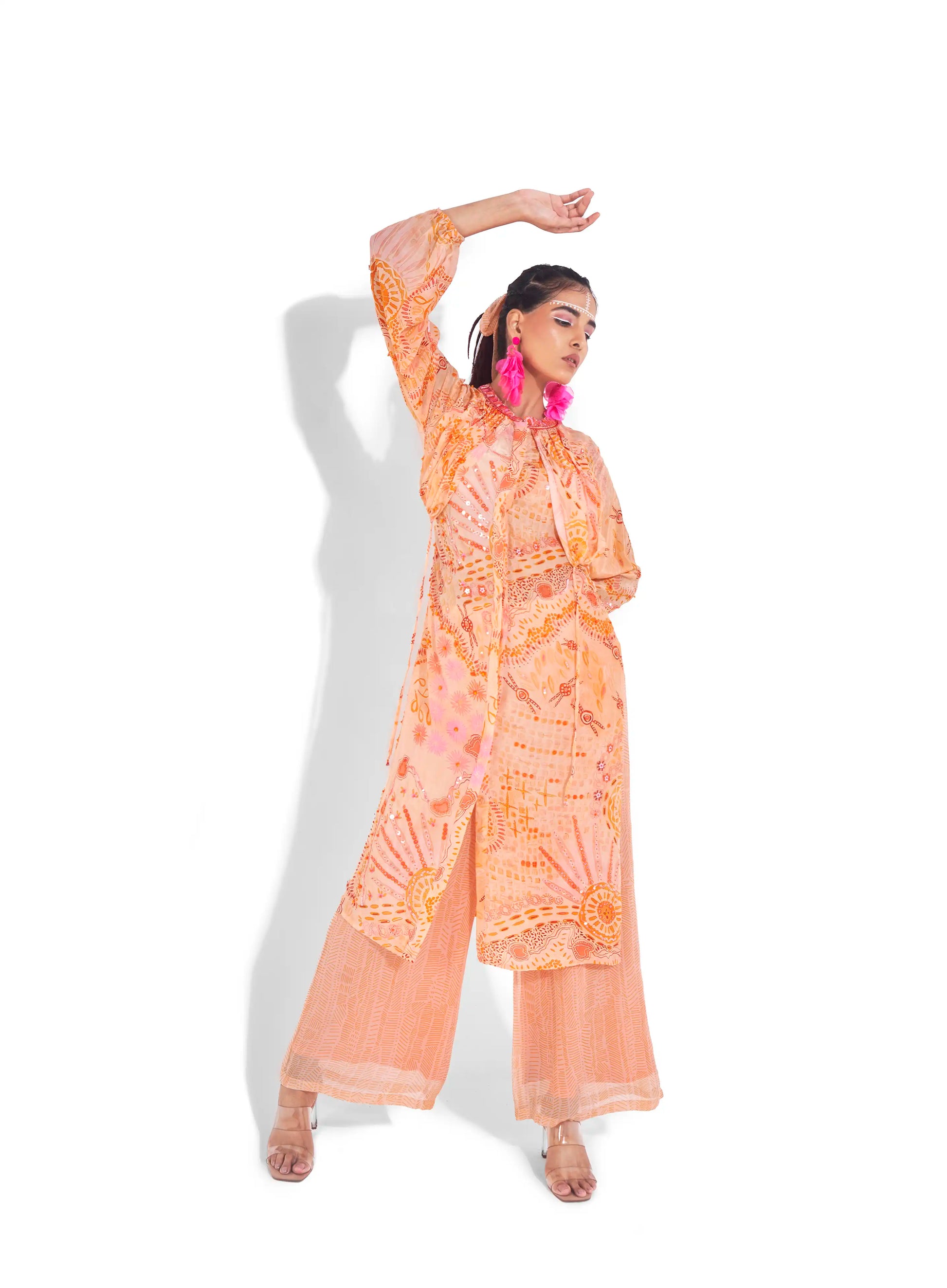 Stylish Peach Sunset Orange Crepe Onora Kurta & Wide Leg Pants