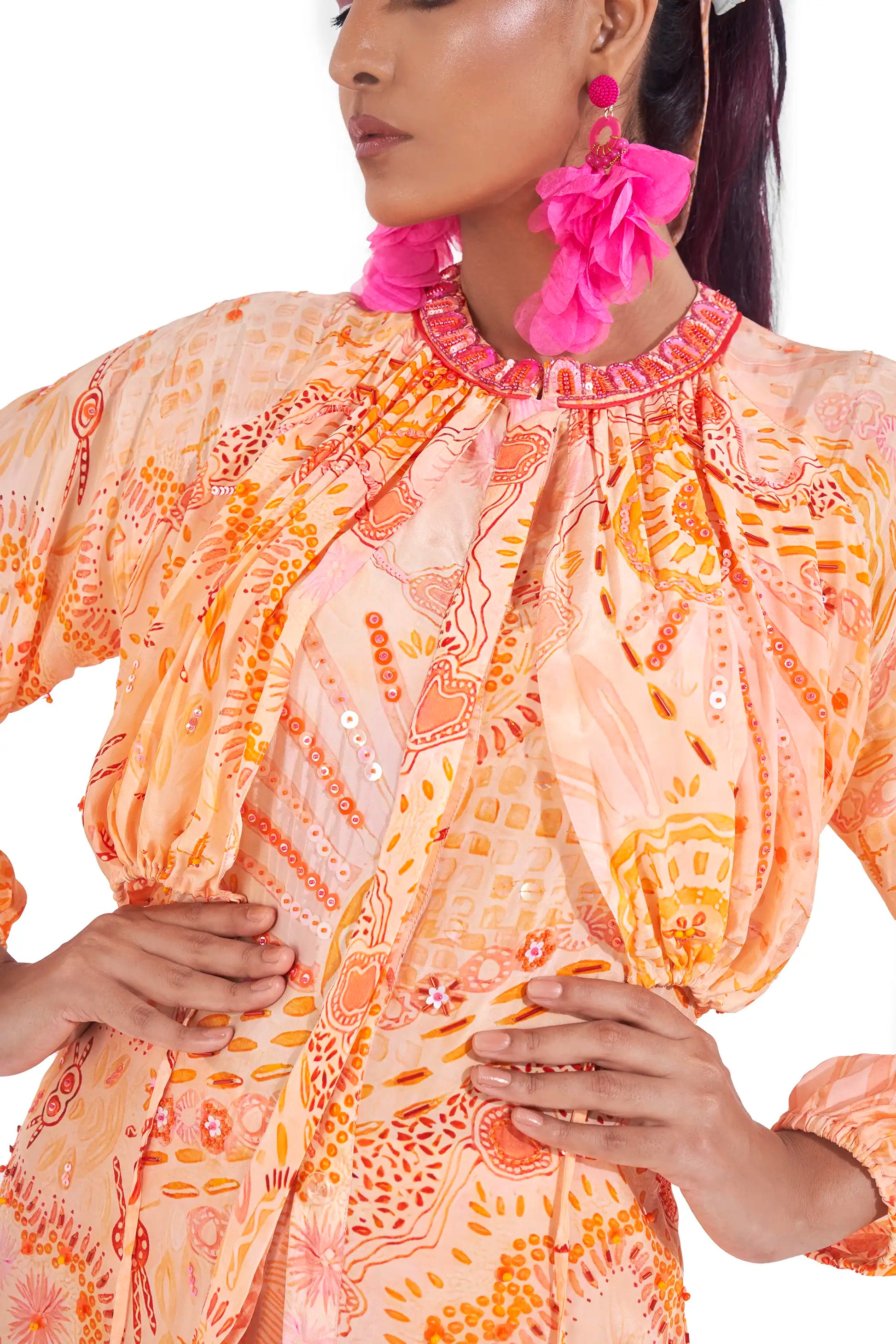 Stylish Peach Sunset Orange Crepe Onora Embroidered Kurta Set