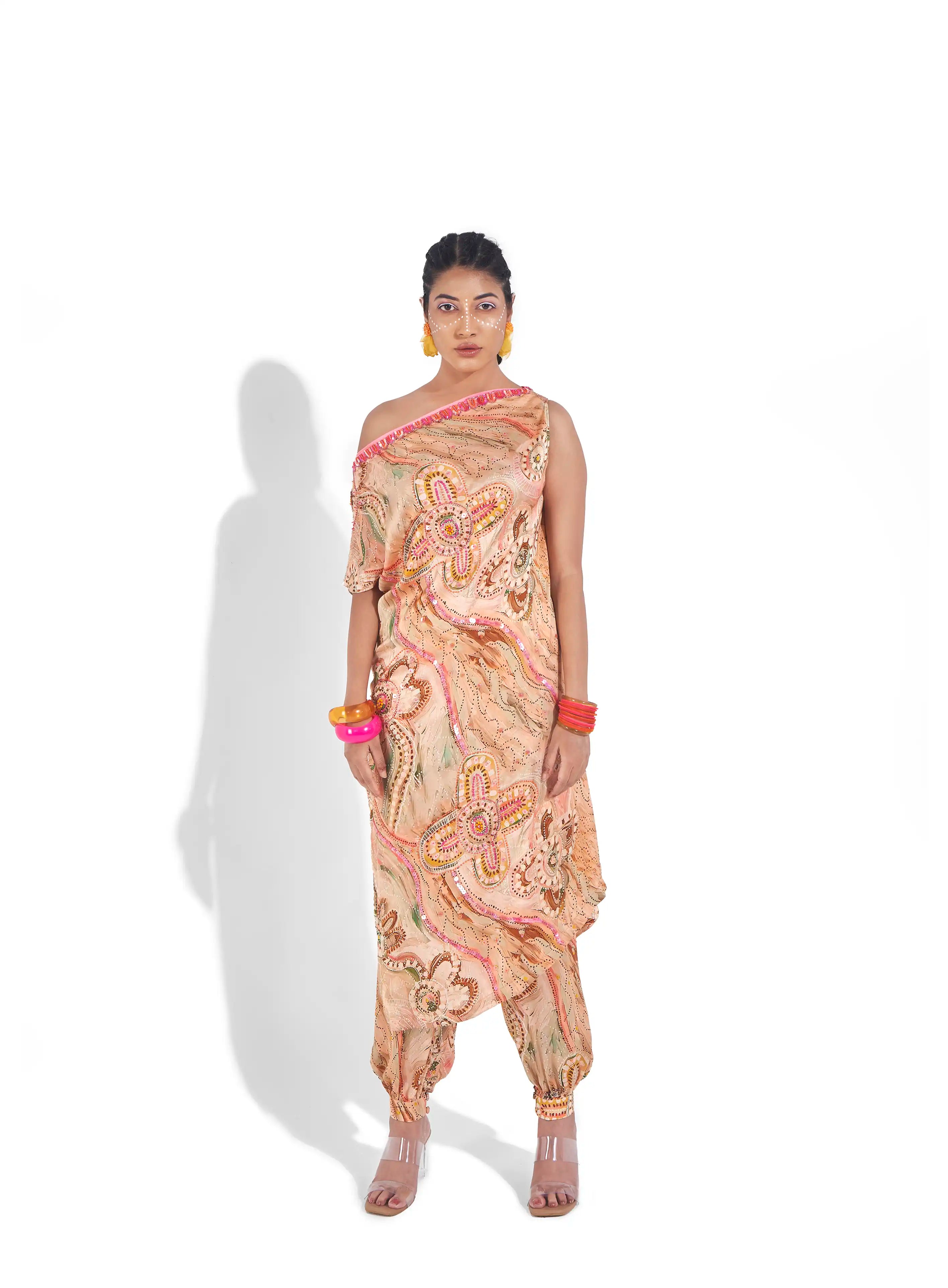 Striking Peach Tropical Satin Ruelle One Shoulder Kurta Afghani Pant