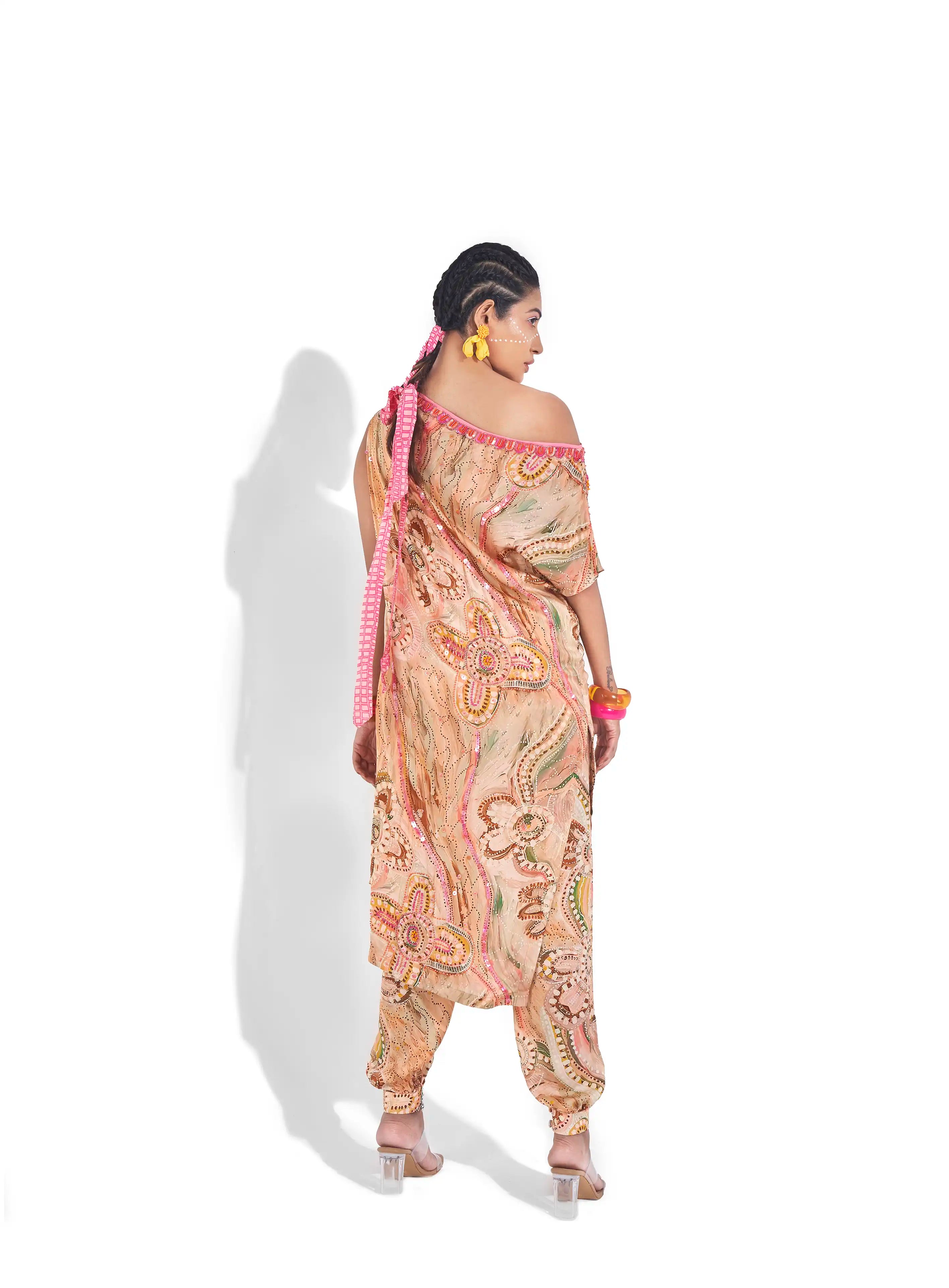 Striking Peach Tropical Satin Ruelle One Shoulder Kurta Afghani Pant
