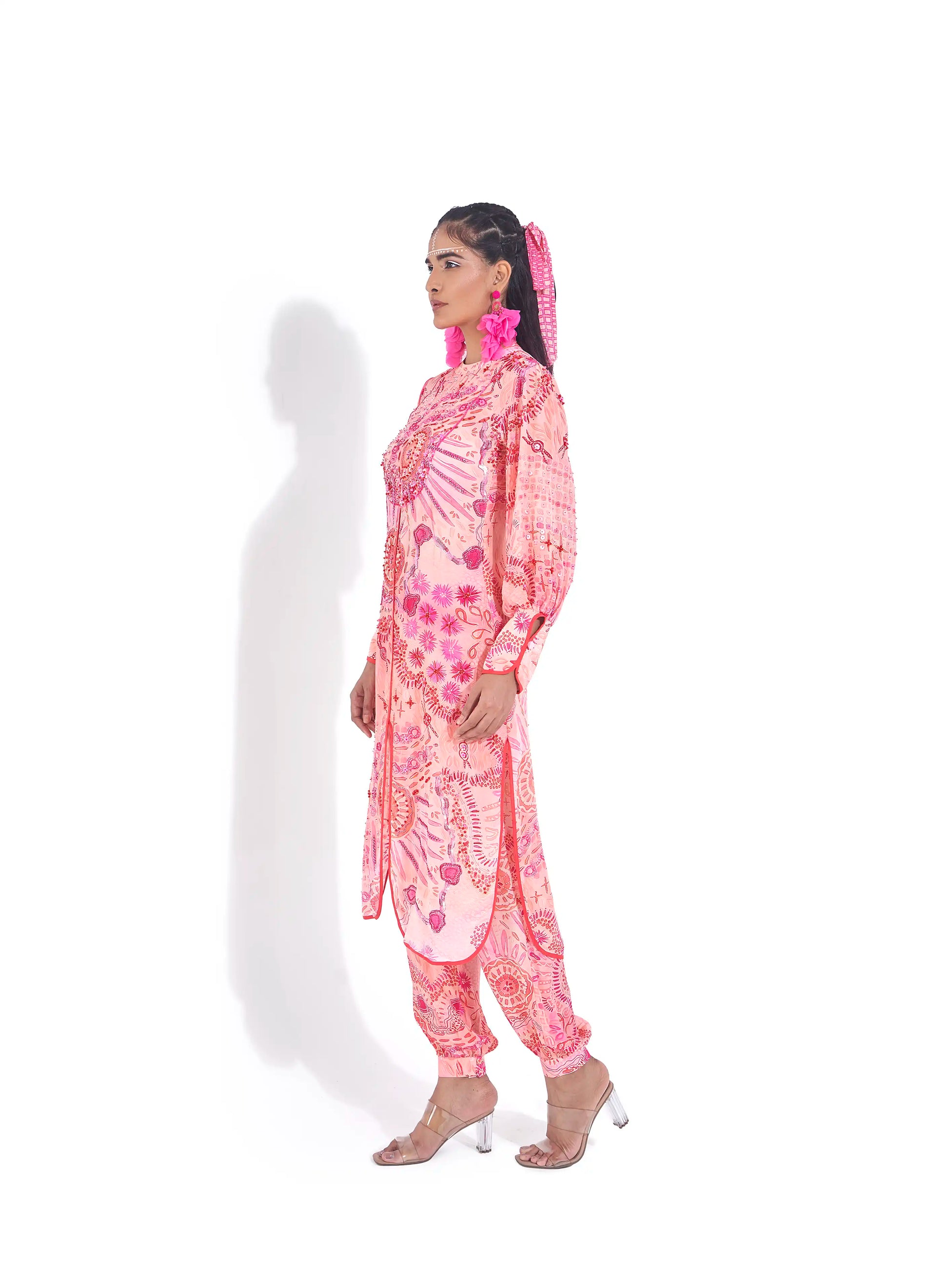 Bright Pink Hot Crepe Izel Kurta Afghani Pants Sequins Beads