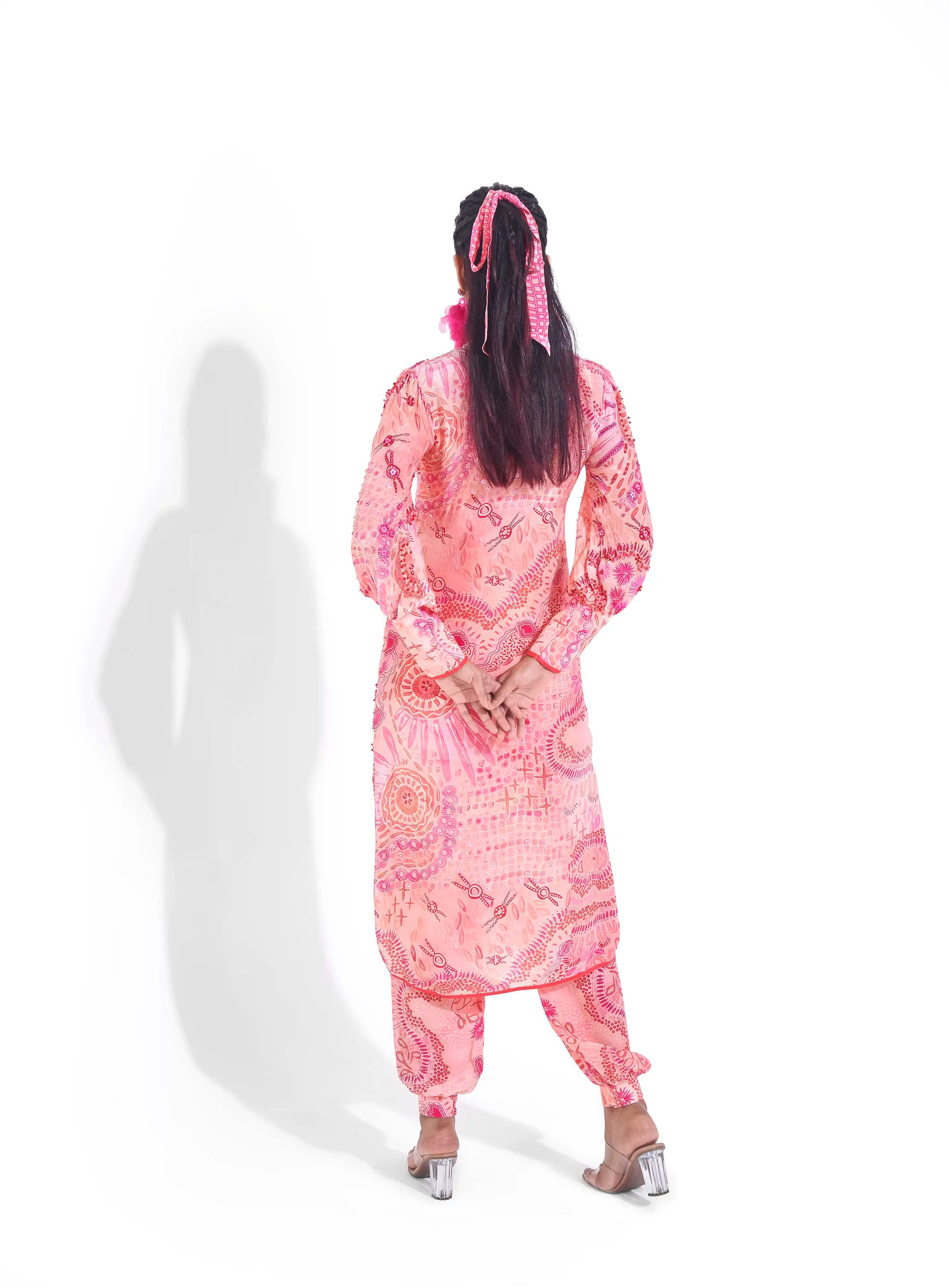 Bright Pink Hot Crepe Izel Kurta Afghani Pants Sequins Beads