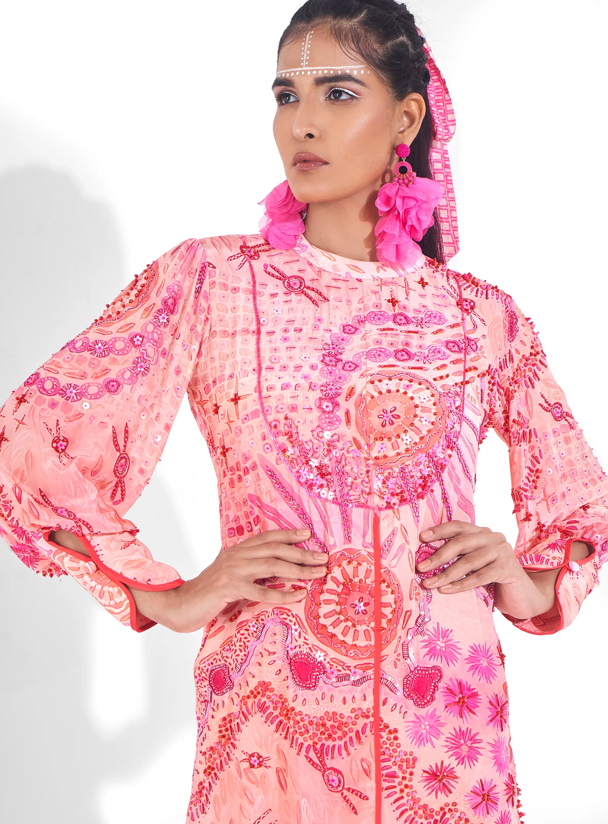 Bright Pink Hot Crepe Izel Kurta Afghani Pants Sequins Beads