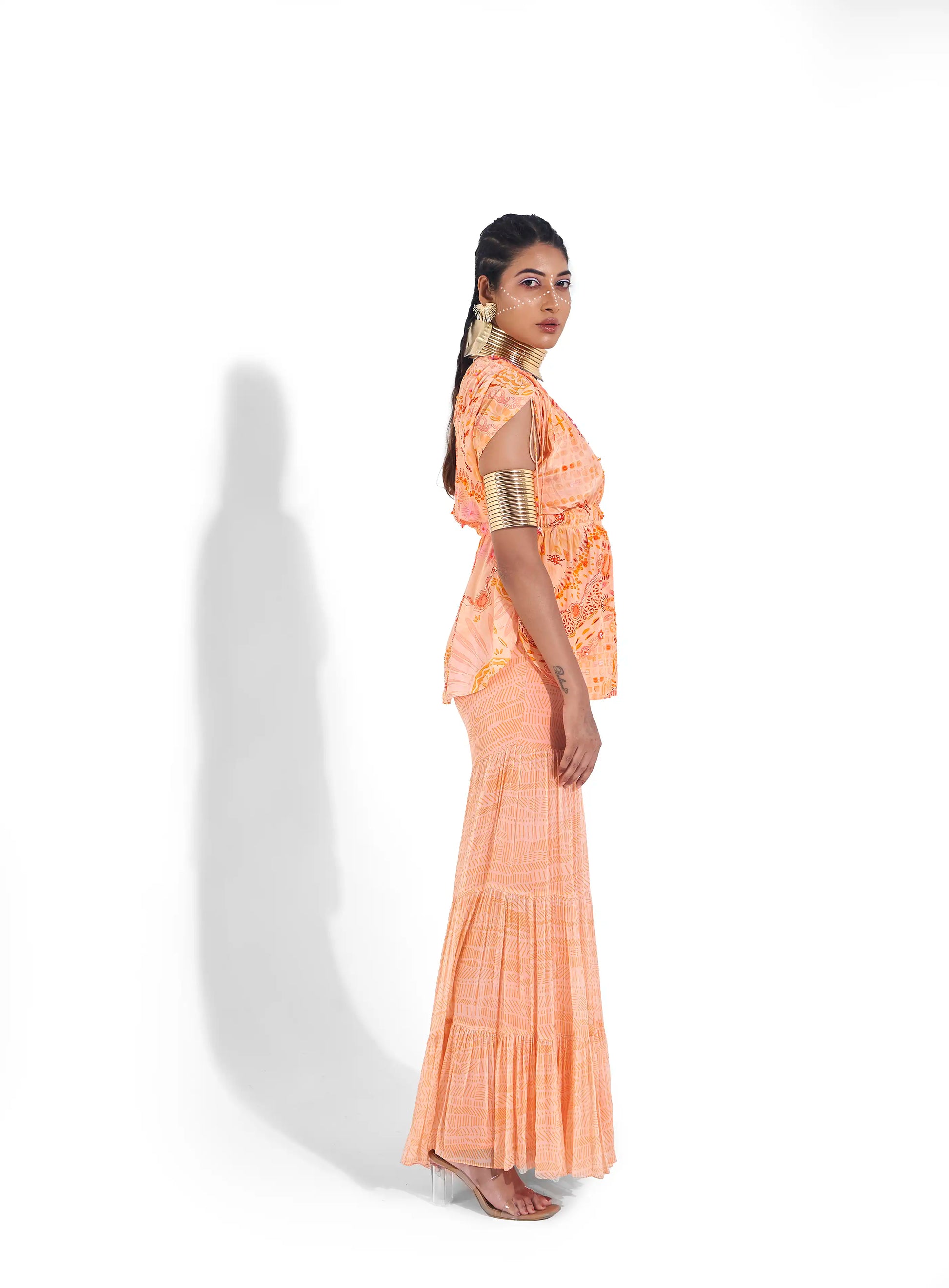 Comfortable Peach Sunset Orange Georgette Varya Top Sharara Set