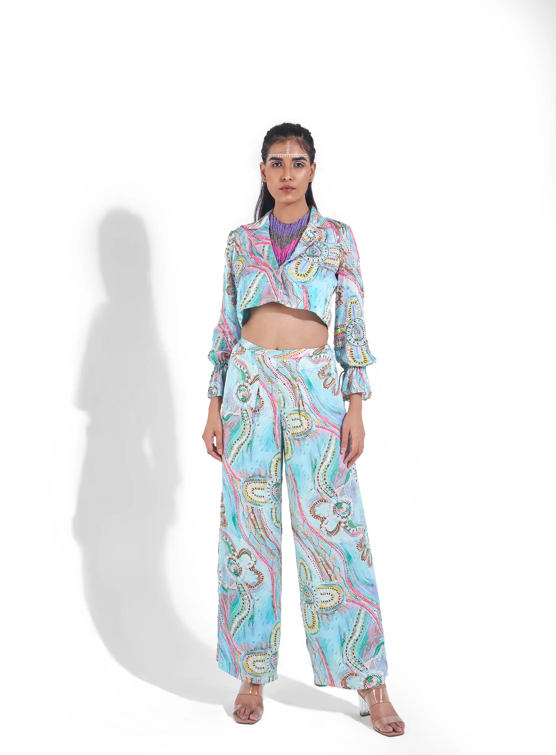 Classic Blue Cyan Satin Misae Embellished Jacket Top Drawstring Sleeves