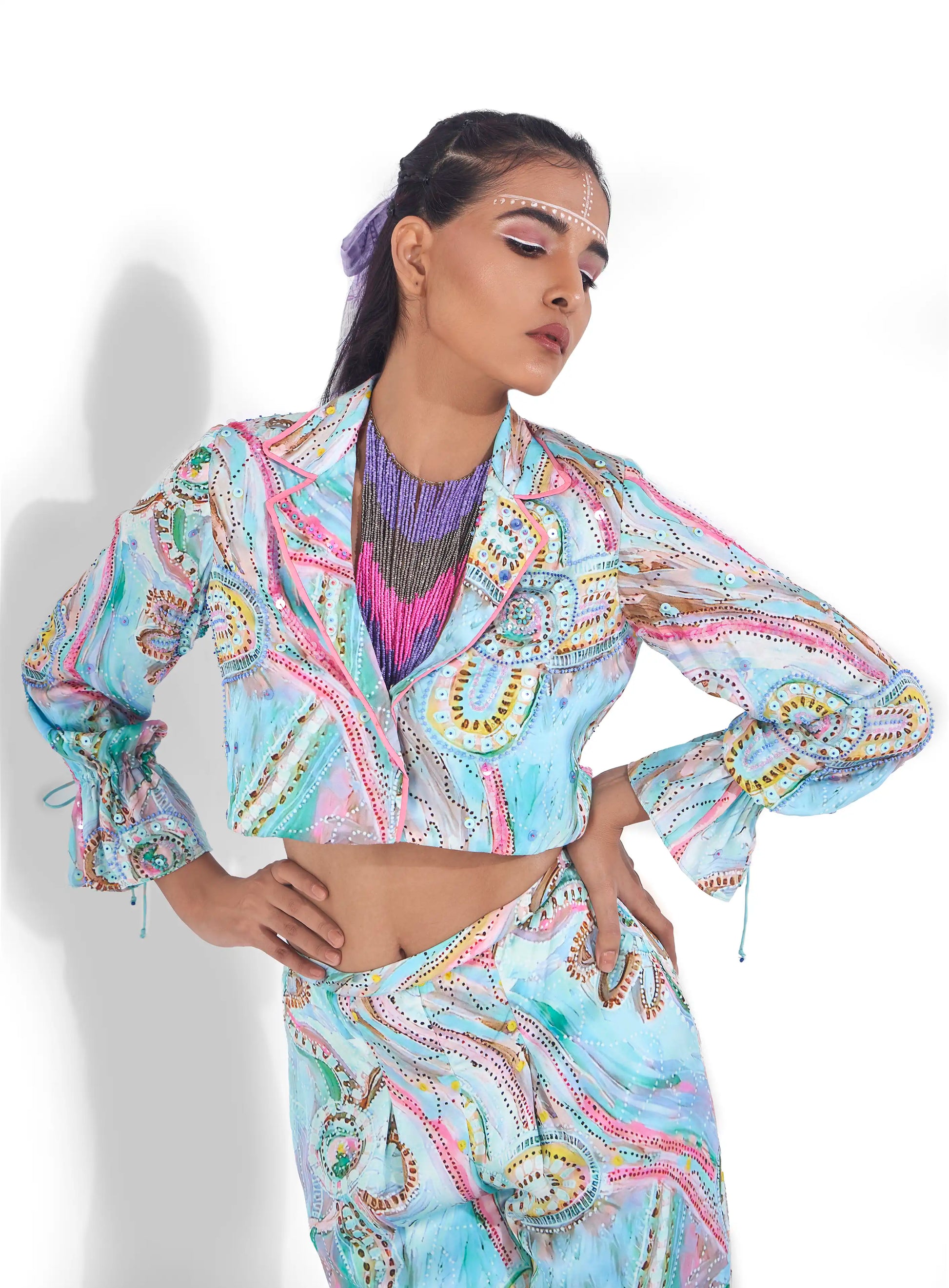 Classic Blue Cyan Satin Misae Embellished Jacket Top Drawstring Sleeves