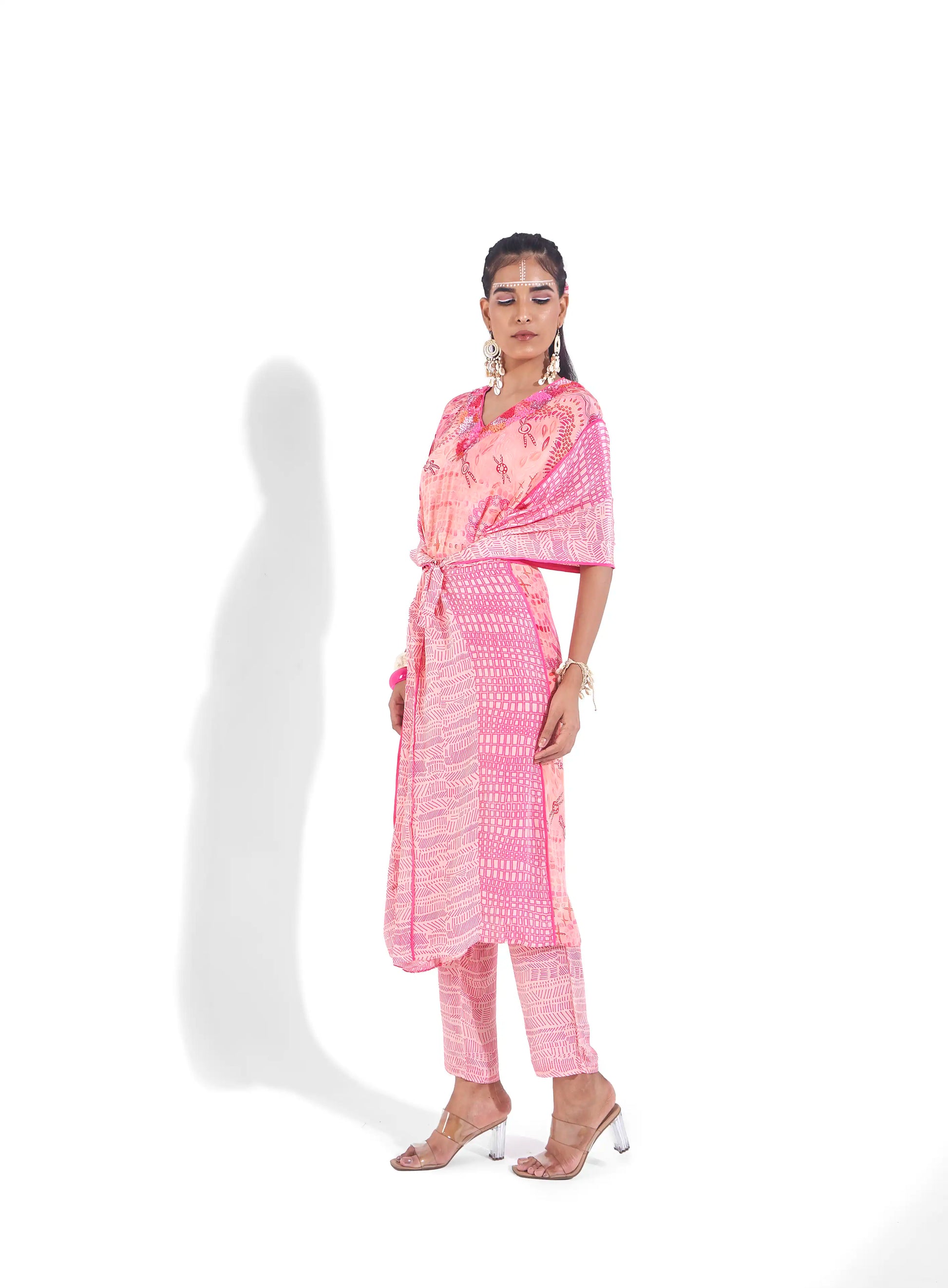 Masterpiece Pink Hot Crepe Eira Multi Panel Kaftan Kurta Embellished