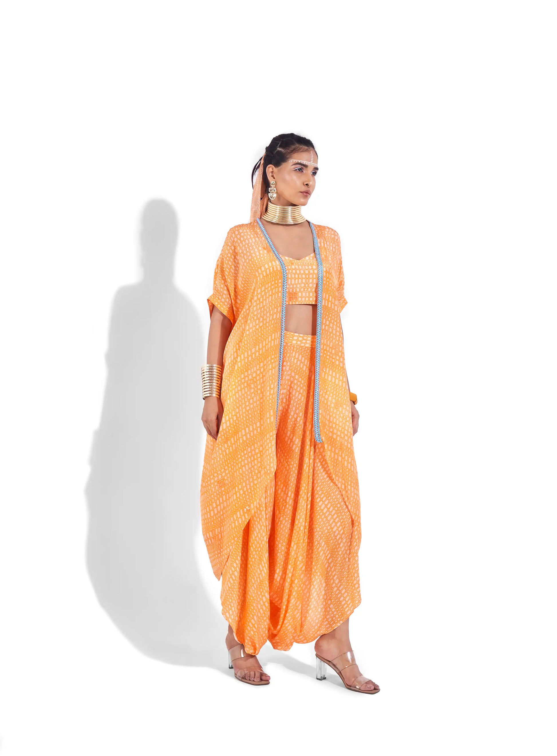 Flowy Orange Sunset Crepe Riona Jacket Bustier & Cowl Pants Set