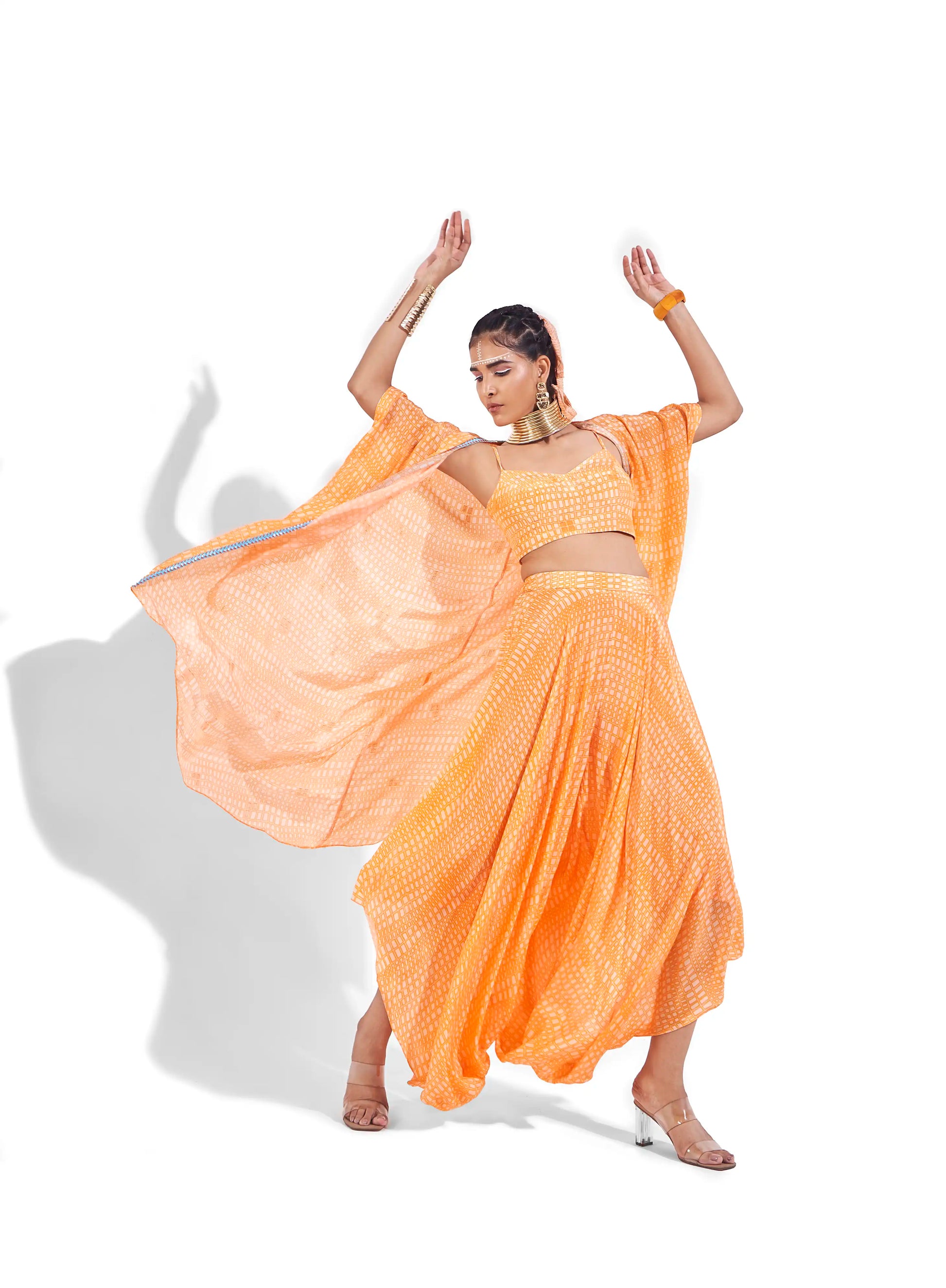 Flowy Orange Sunset Crepe Riona Jacket Bustier & Cowl Pants Set