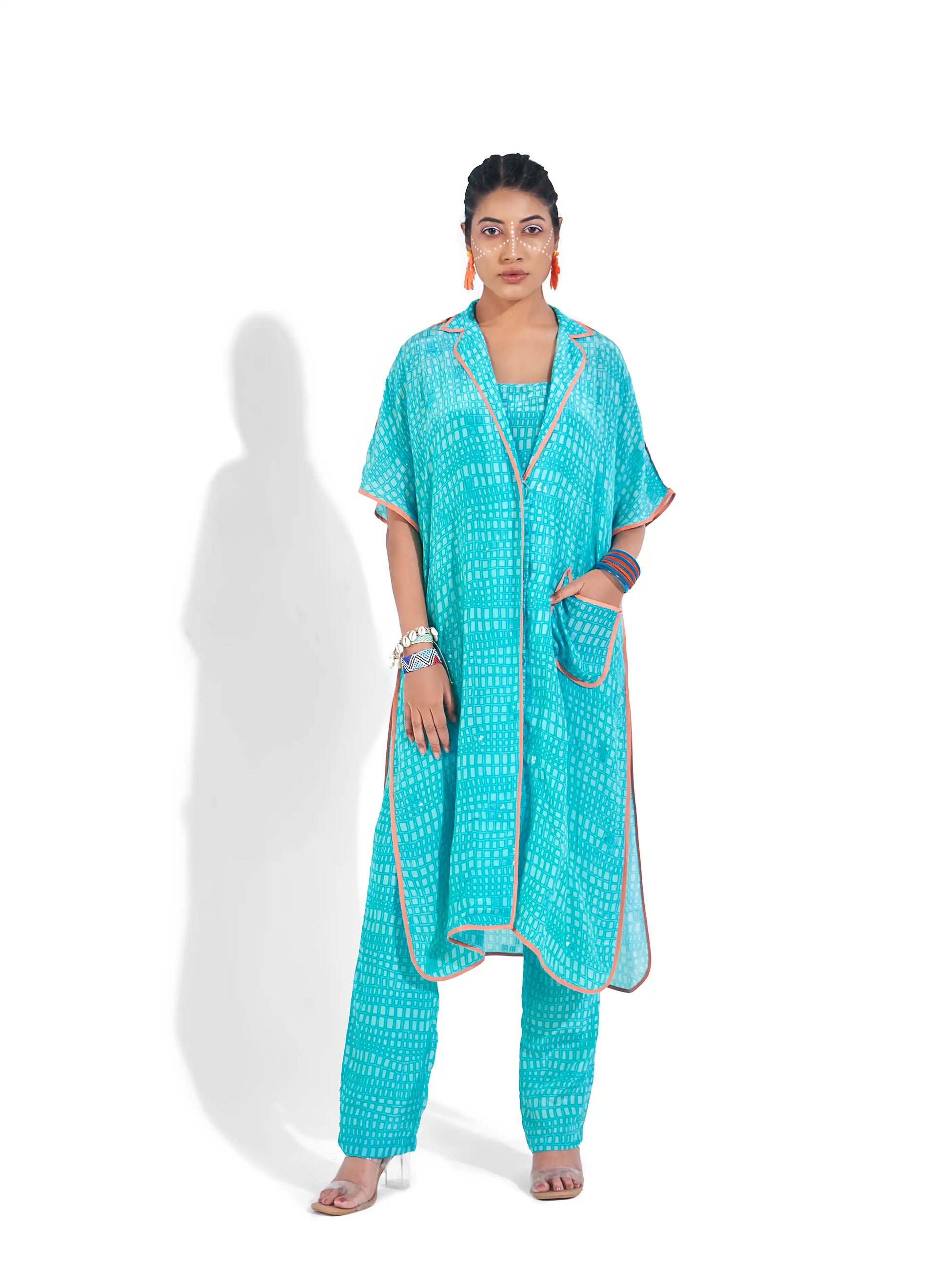 Stunning Blue Aqua Crepe Kyomi Kaftan Kurta Spaghetti & Pants Set