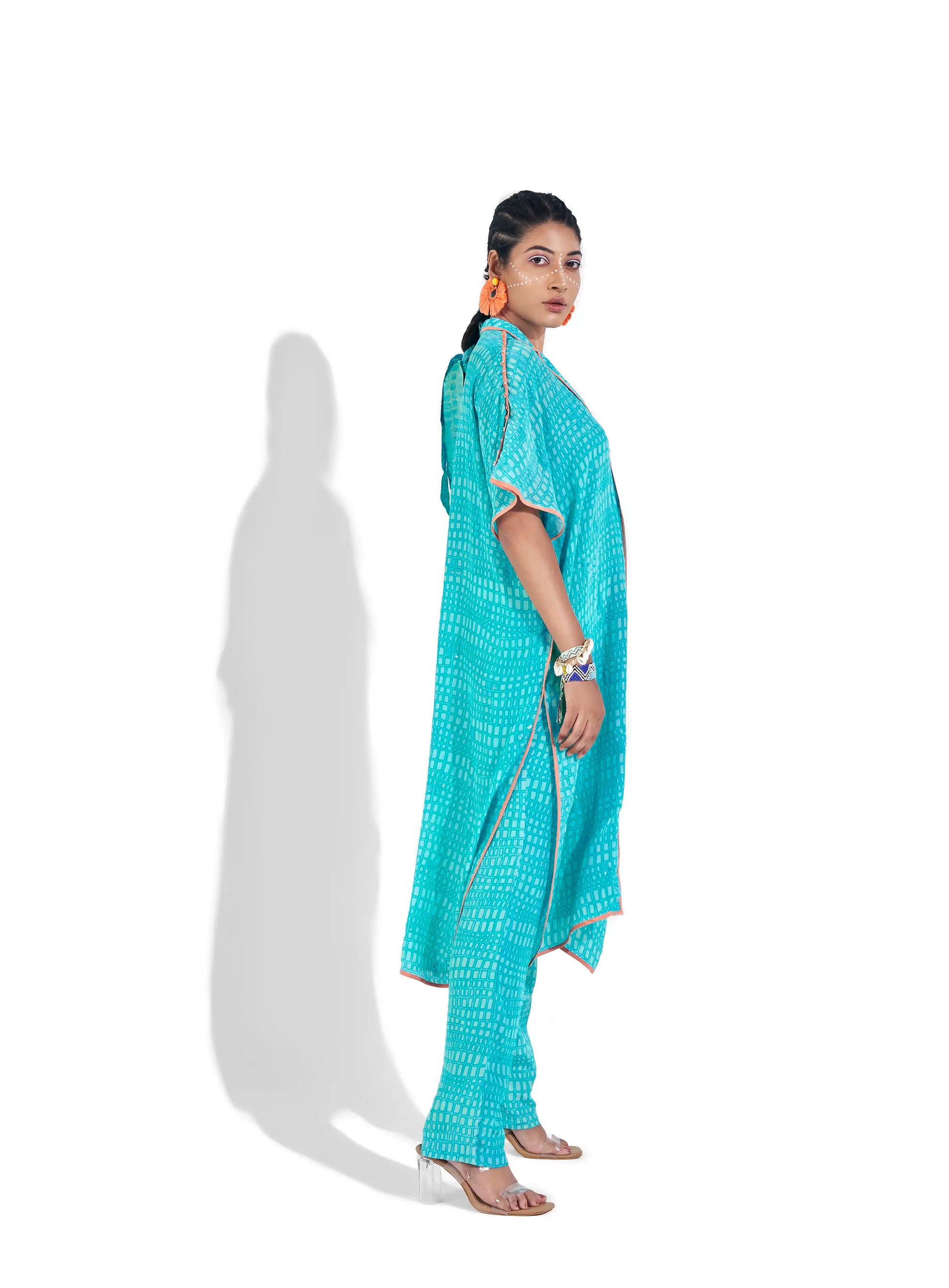 Stunning Blue Aqua Crepe Kyomi Kaftan Kurta Spaghetti & Pants Set