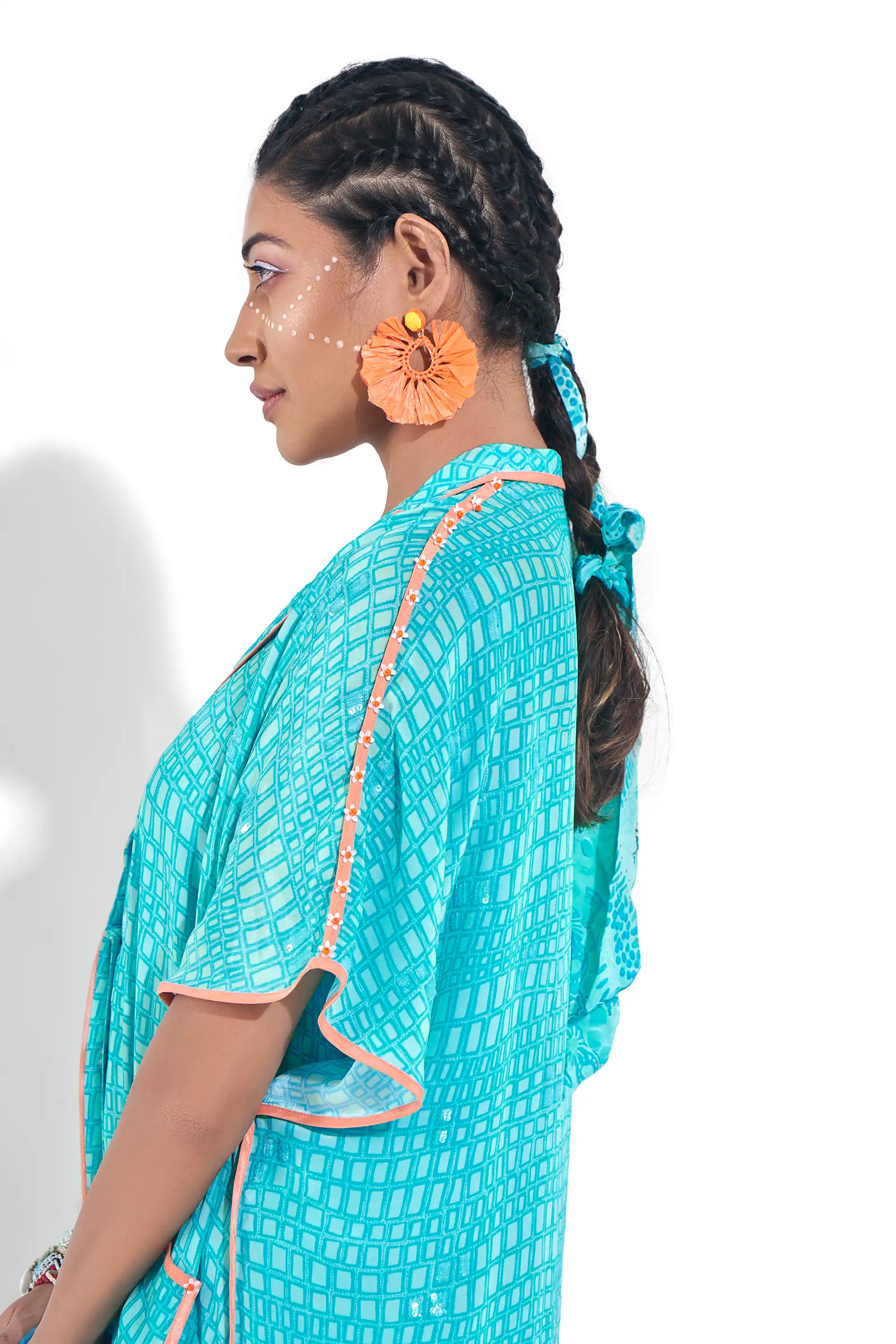 Stunning Blue Aqua Crepe Kyomi Kaftan Kurta Spaghetti & Pants Set