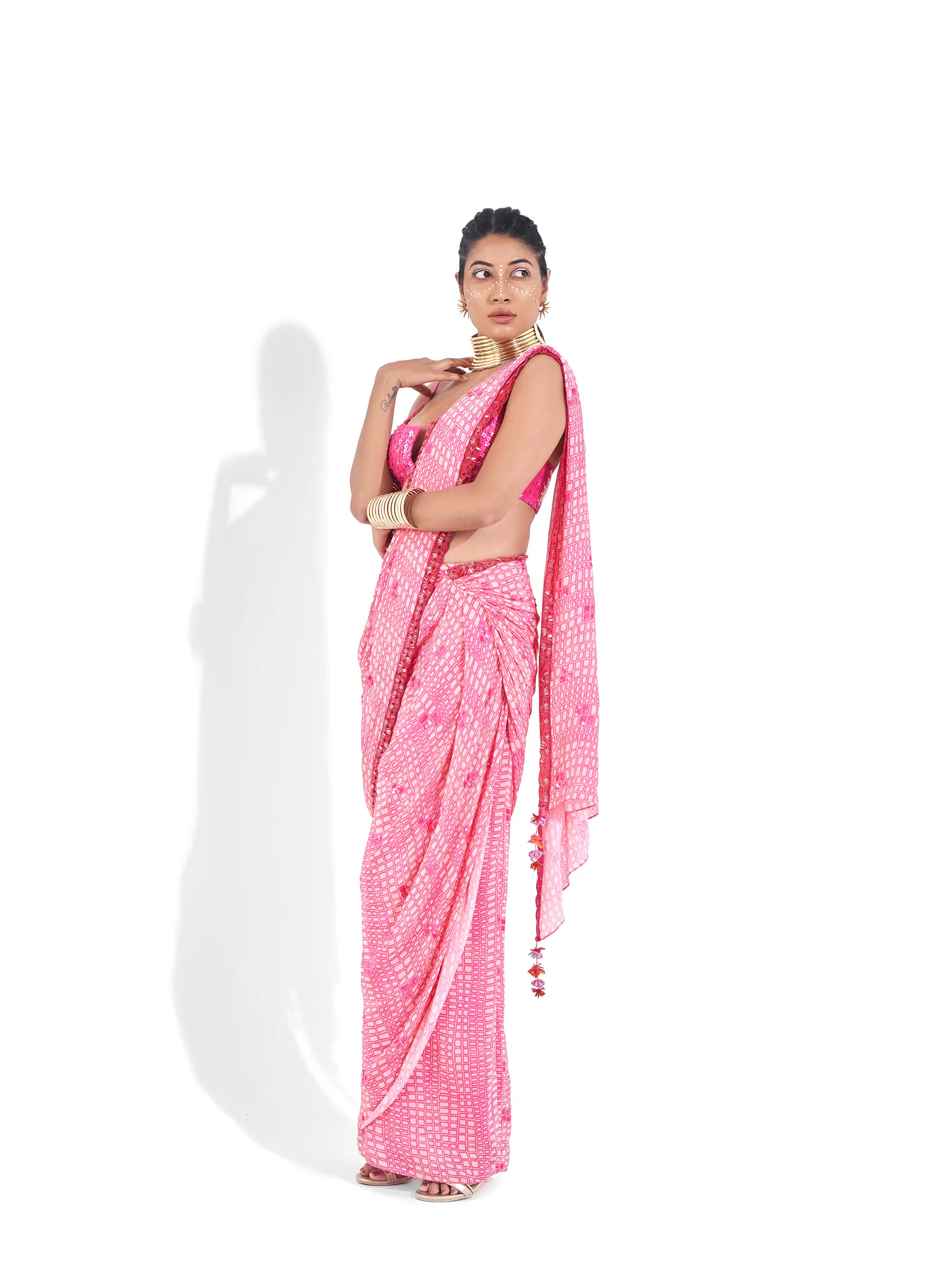 Glamourous Pink Hot Crepe Quinn Draped Saree Sequins Tassels