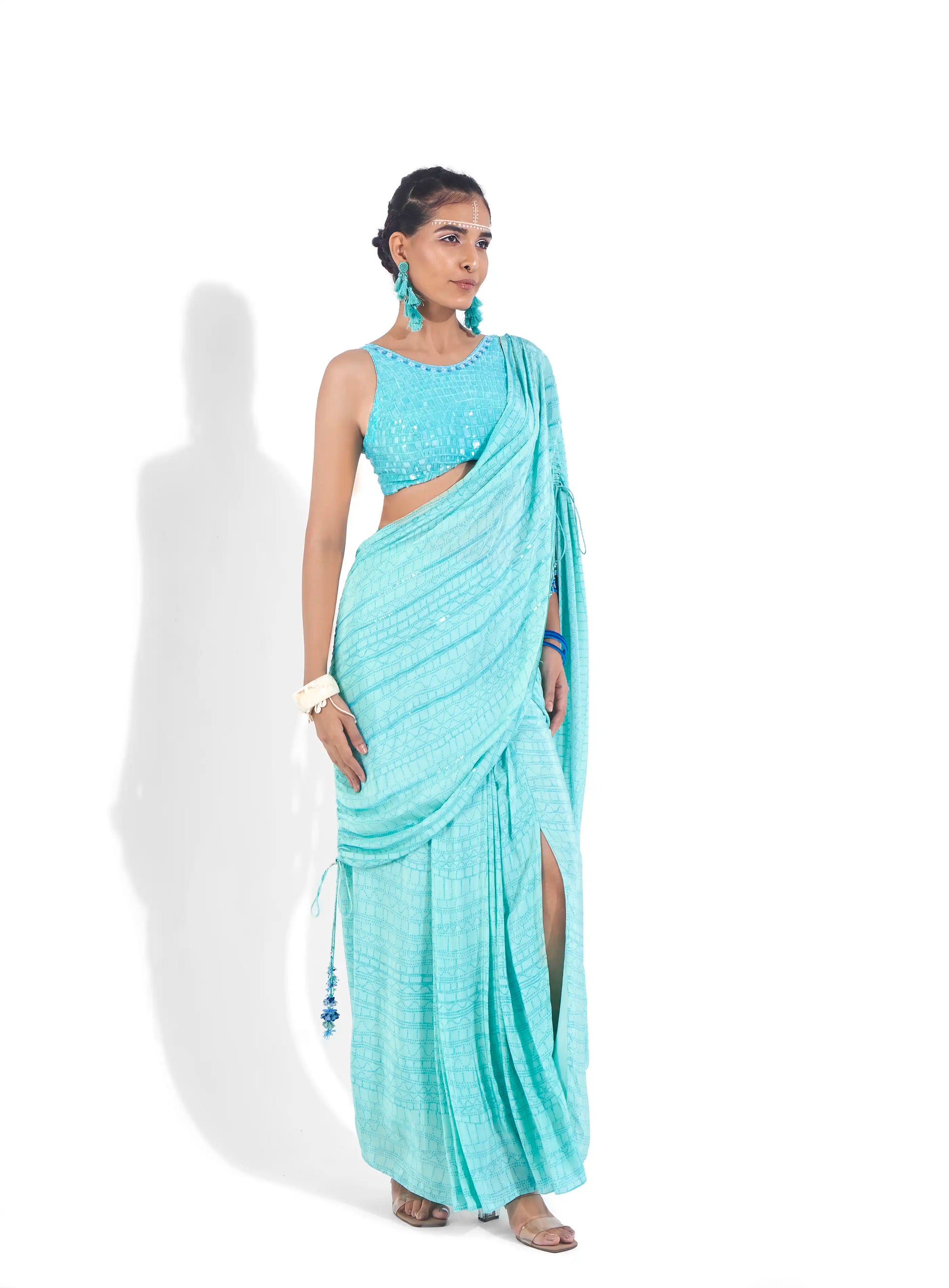 Celestial Blue Aqua Organza Luna Saree & Blouse Set Sequins