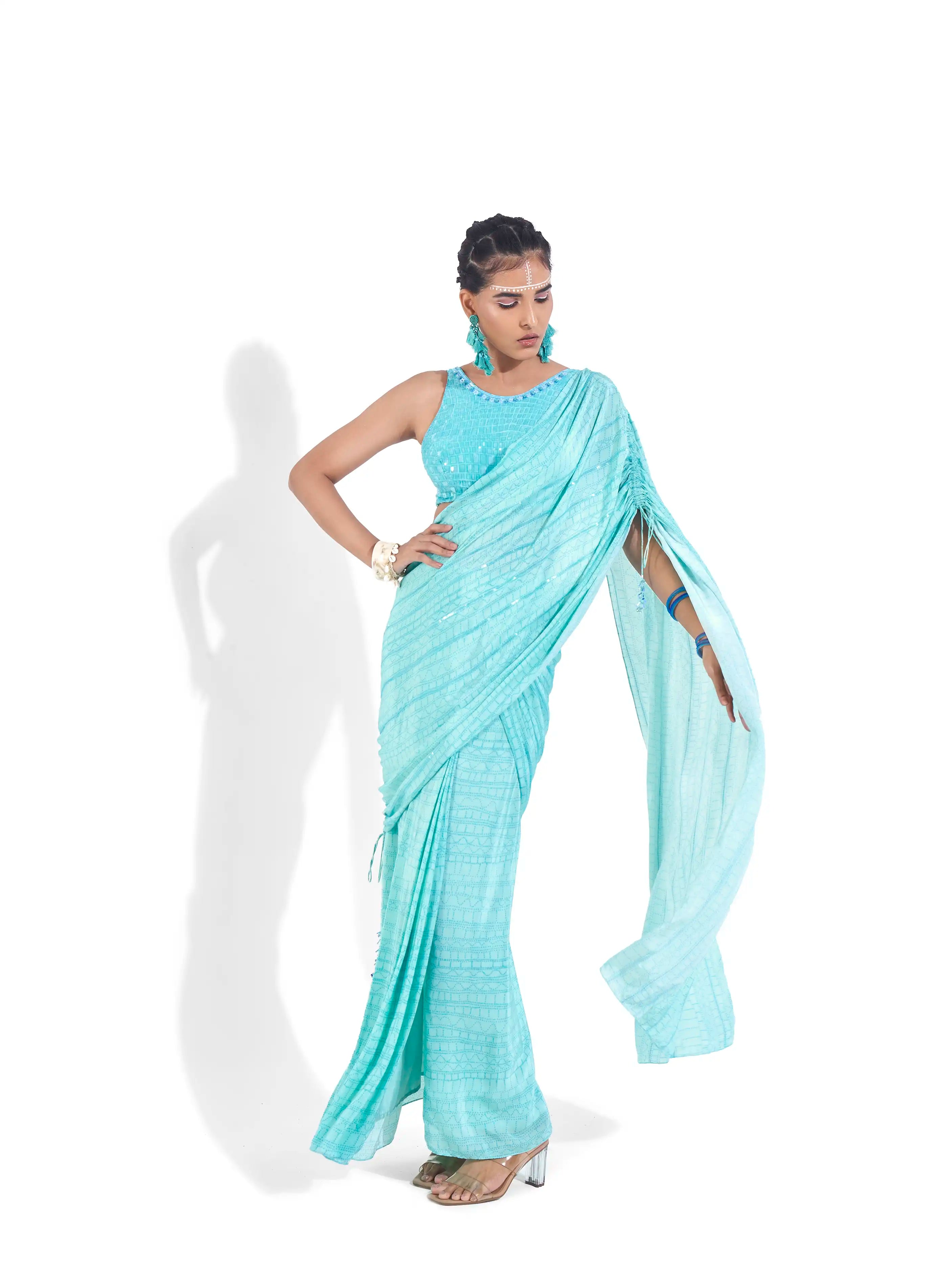 Celestial Blue Aqua Organza Luna Saree & Blouse Set Sequins