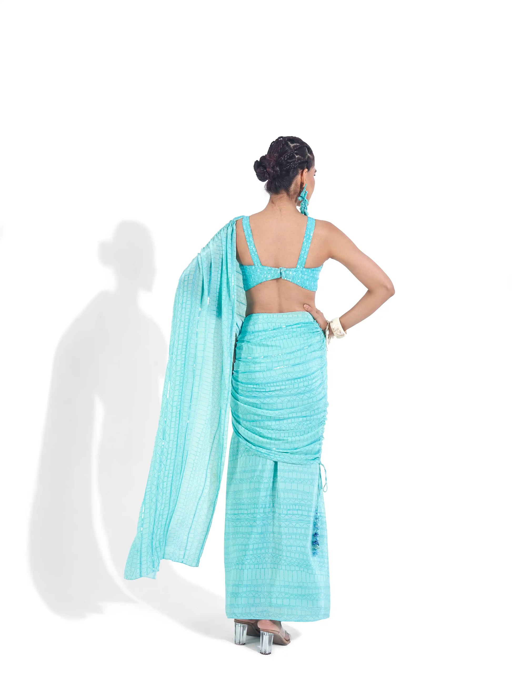Celestial Blue Aqua Organza Luna Saree & Blouse Set Sequins