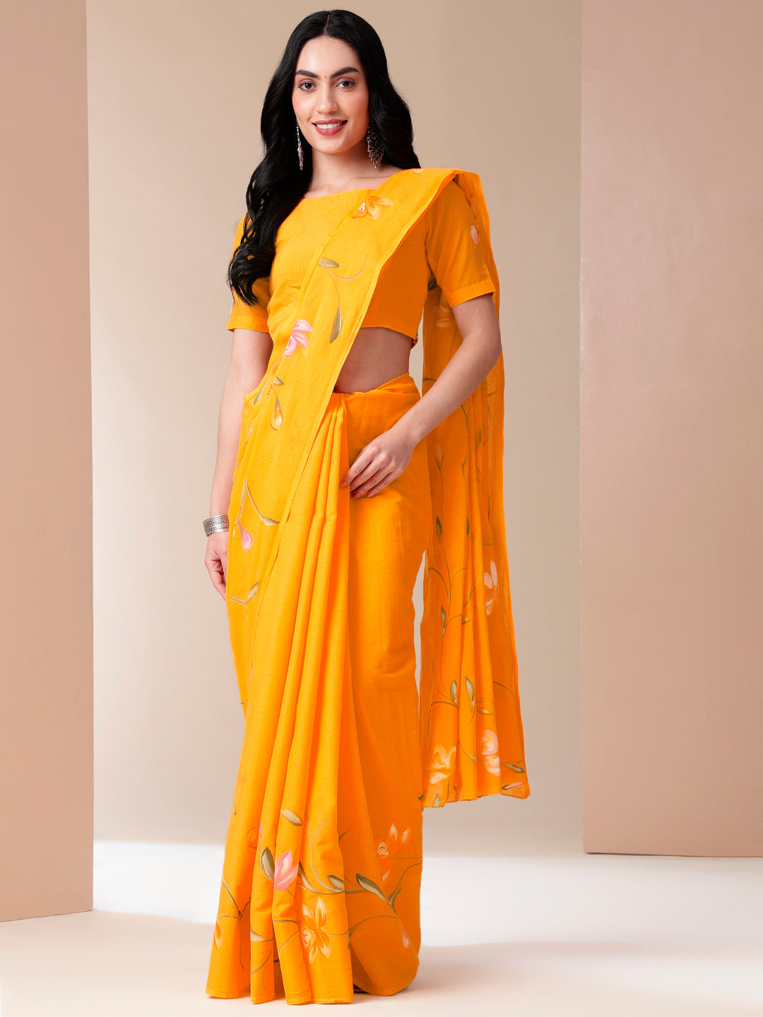 Captivating Orange Cotton Malmal Saree Handpainted Floral