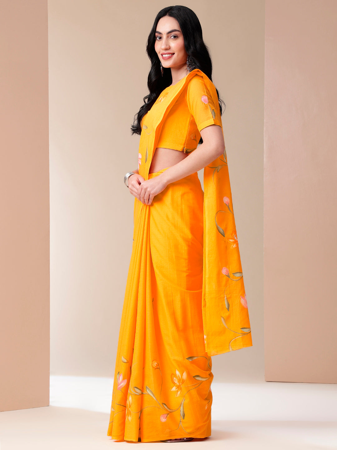 Captivating Orange Cotton Malmal Saree Handpainted Floral