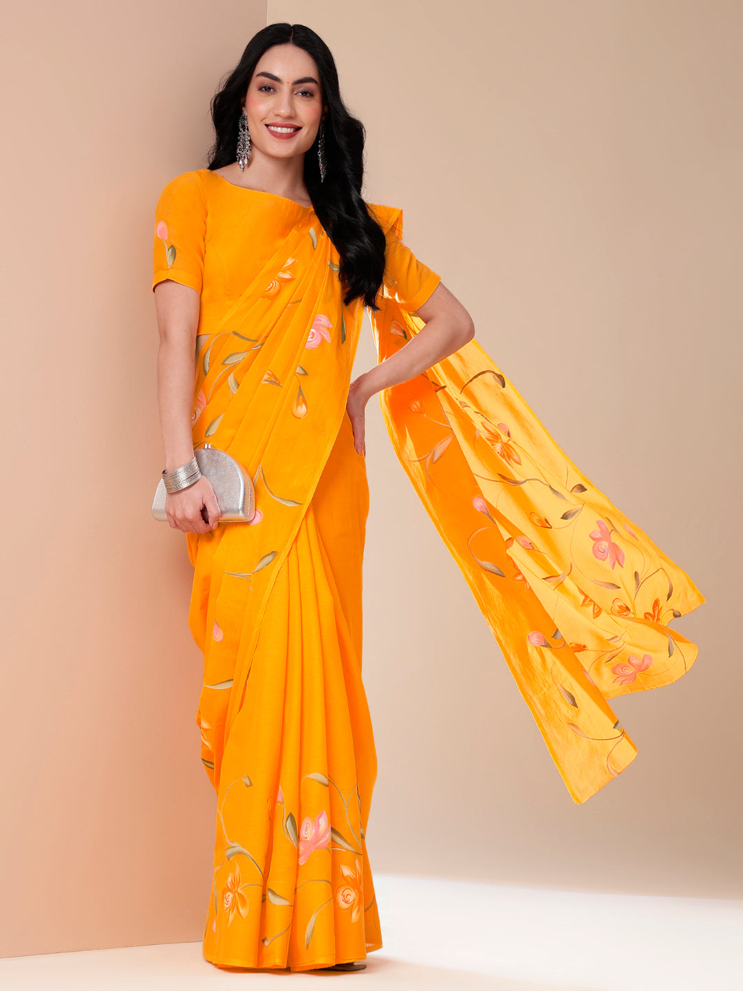 Captivating Orange Cotton Malmal Saree Handpainted Floral