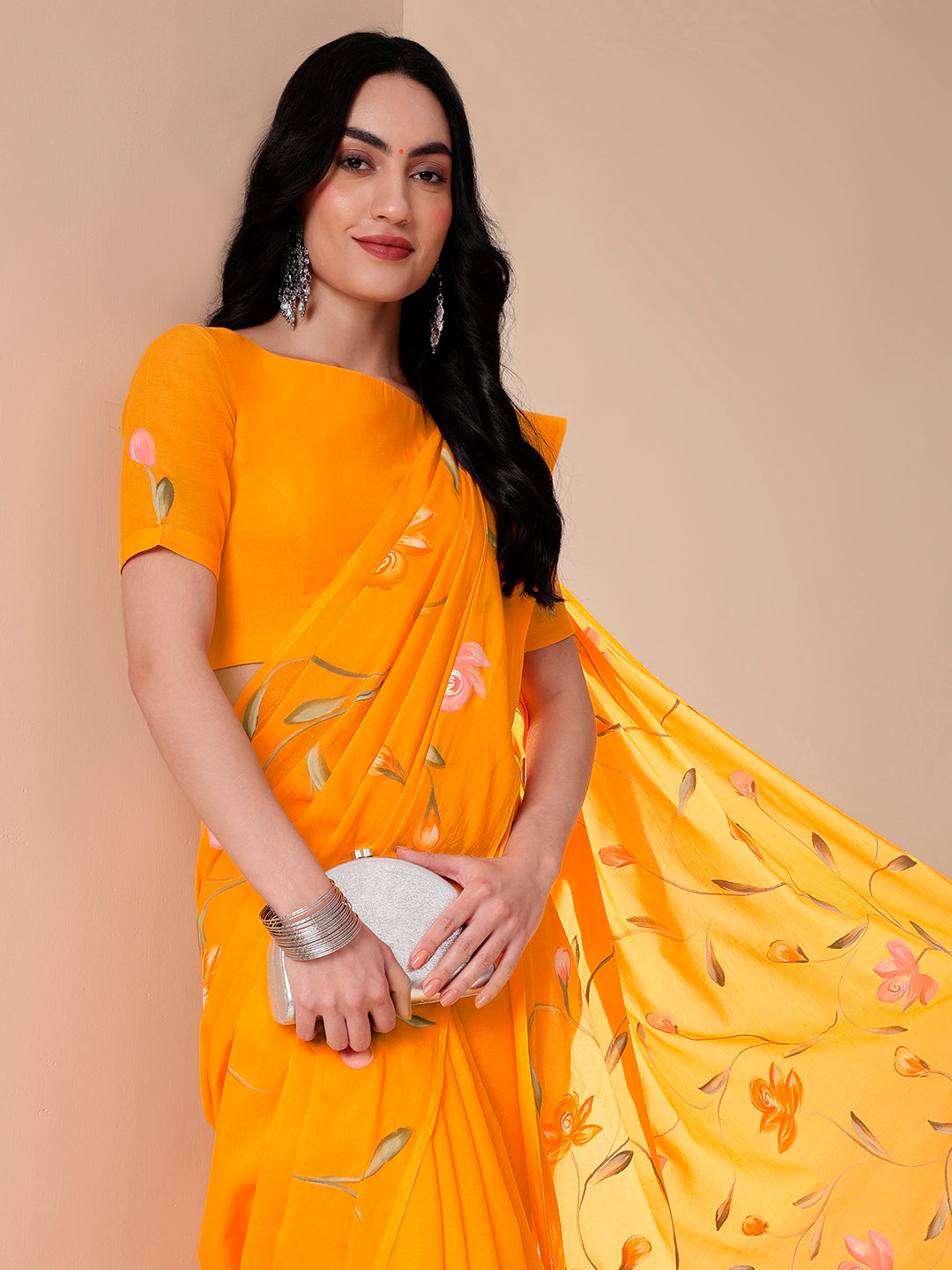 Captivating Orange Cotton Malmal Saree Handpainted Floral