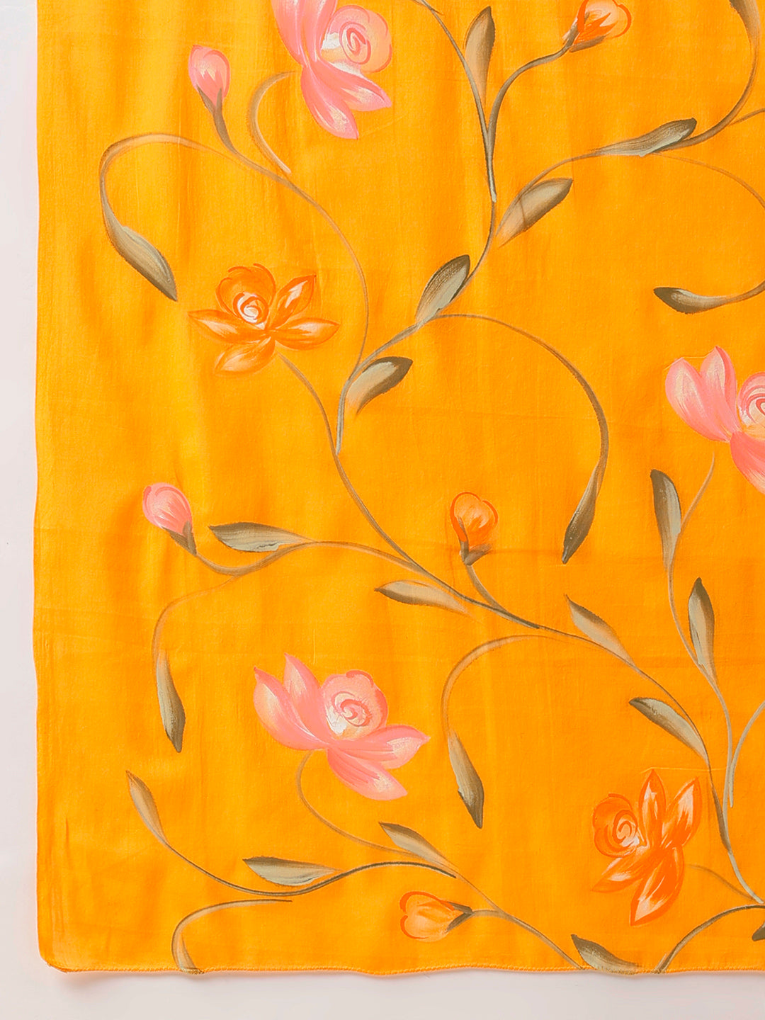 Captivating Orange Cotton Malmal Saree Handpainted Floral