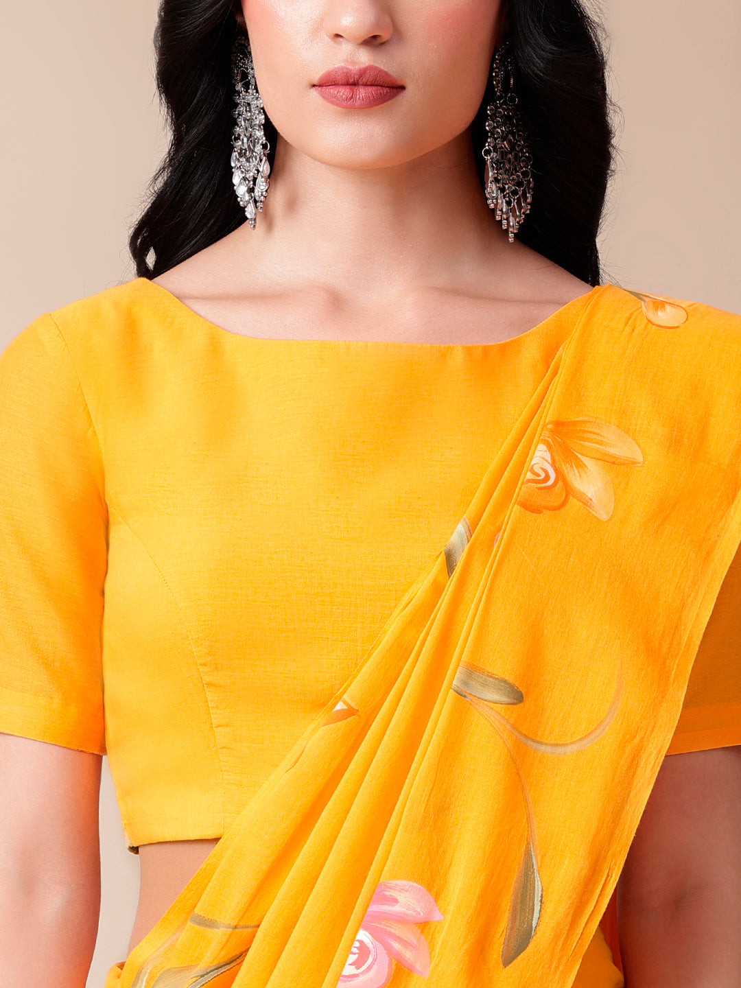 Captivating Orange Cotton Malmal Saree Handpainted Floral