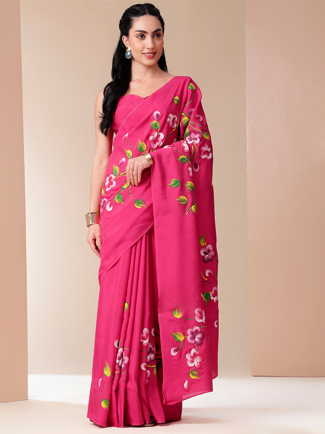Ethereal Pink Chiffon Mal Silk Saree Handpainted Floral