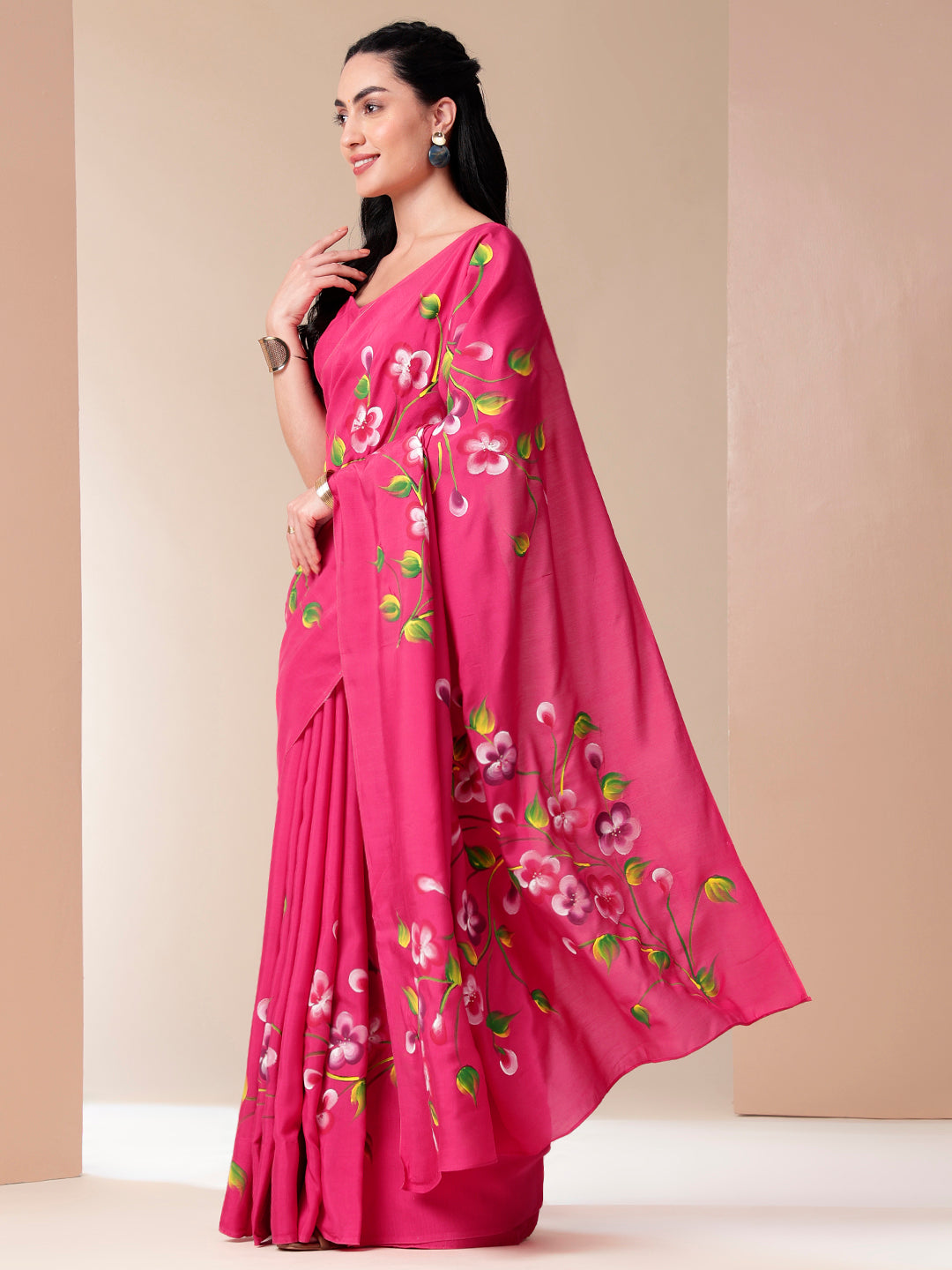 Ethereal Pink Chiffon Mal Silk Saree Handpainted Floral