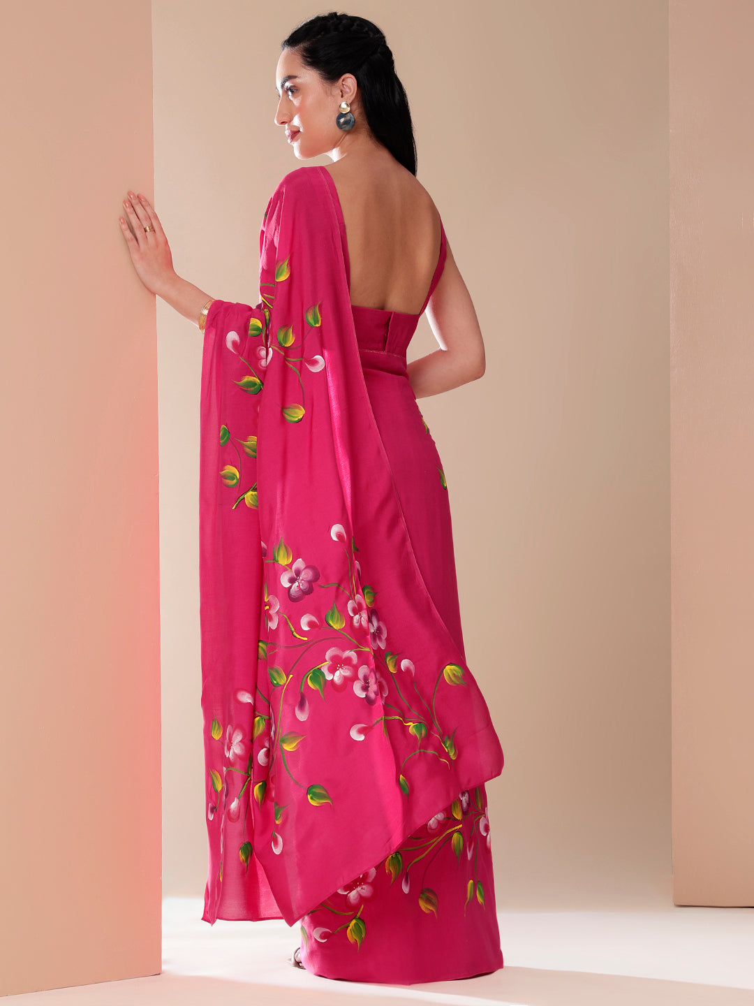 Ethereal Pink Chiffon Mal Silk Saree Handpainted Floral