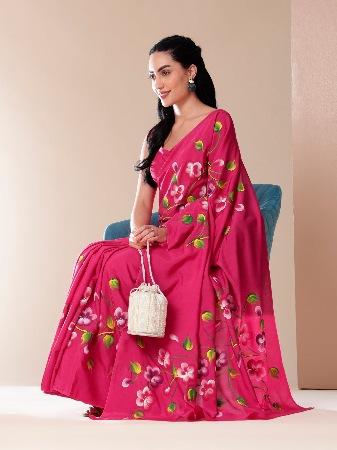 Ethereal Pink Chiffon Mal Silk Saree Handpainted Floral