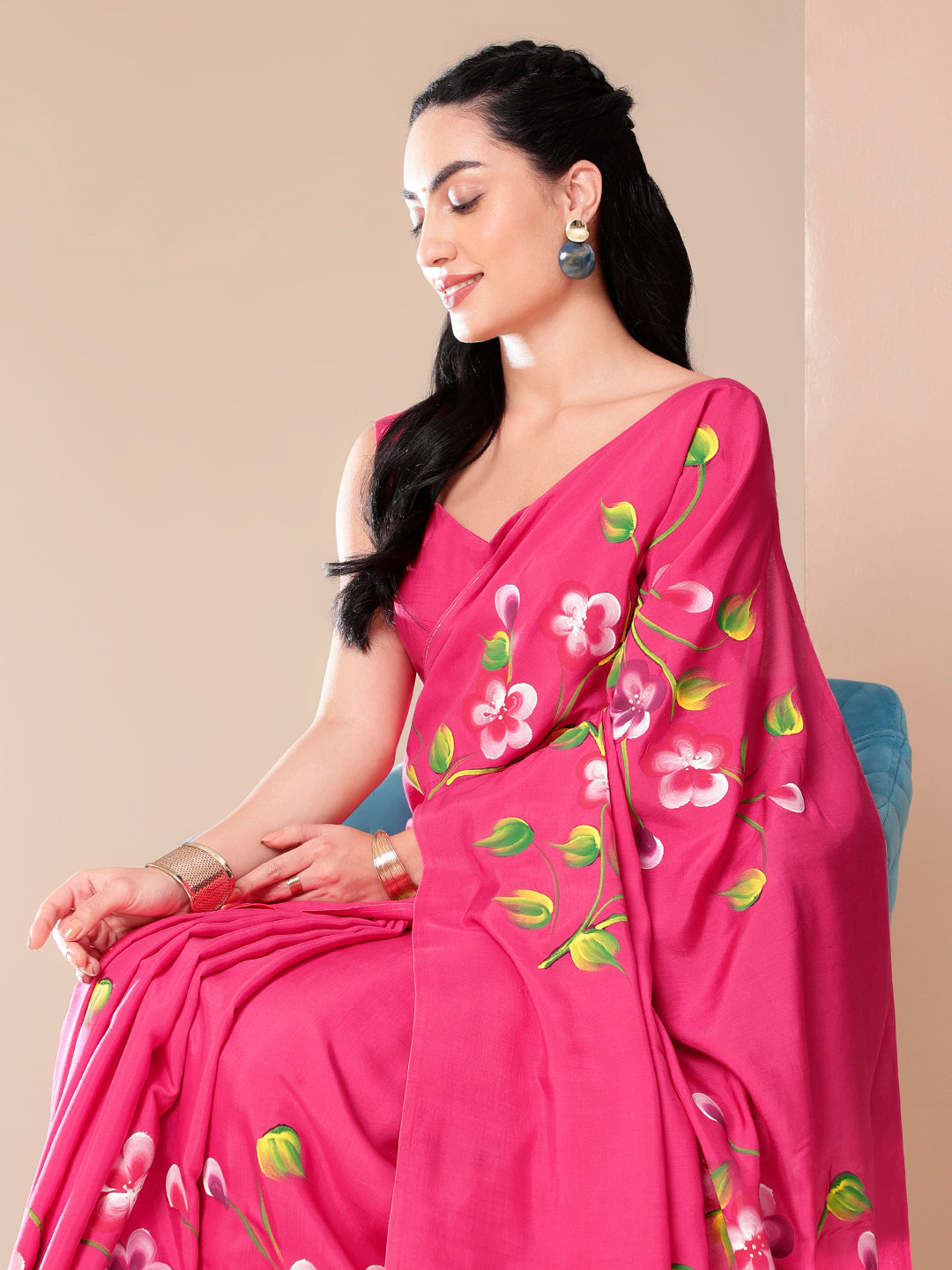 Ethereal Pink Chiffon Mal Silk Saree Handpainted Floral