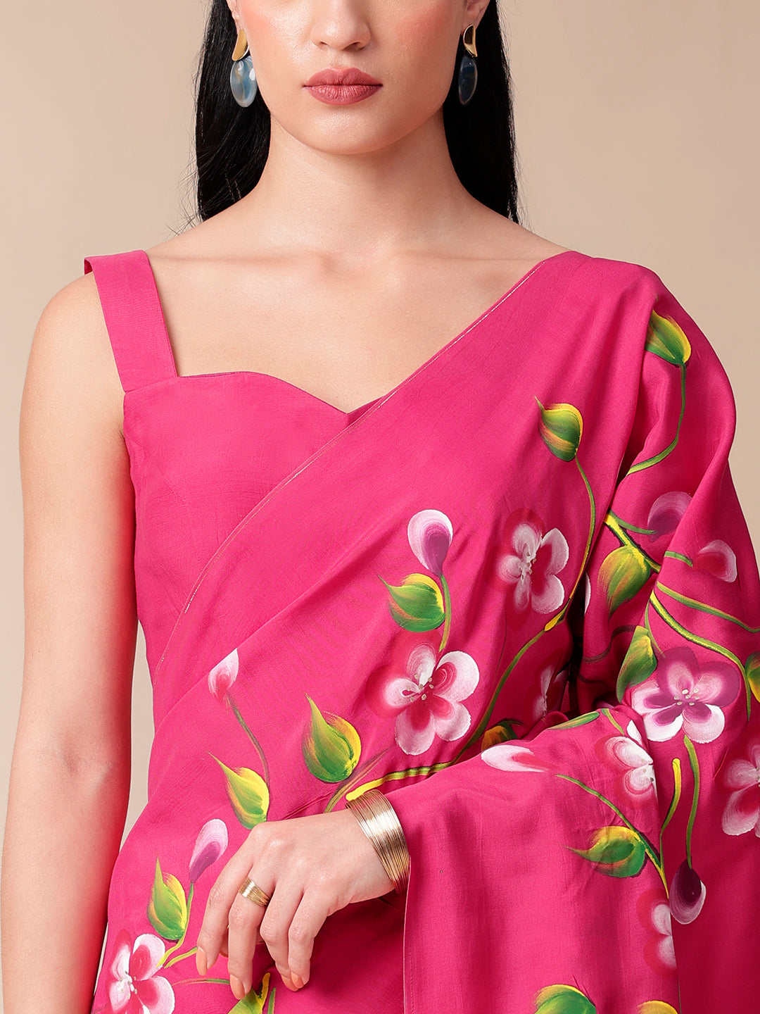 Ethereal Pink Chiffon Mal Silk Saree Handpainted Floral