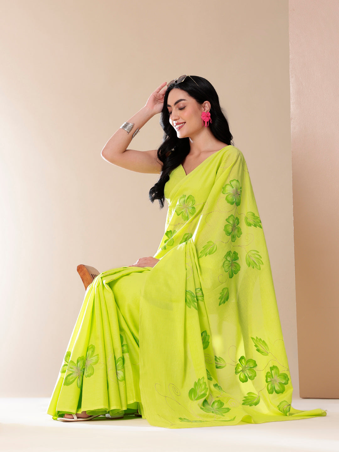 Mellow Hue Handpainted Lemon Green Cotton Saree - Festive Wear