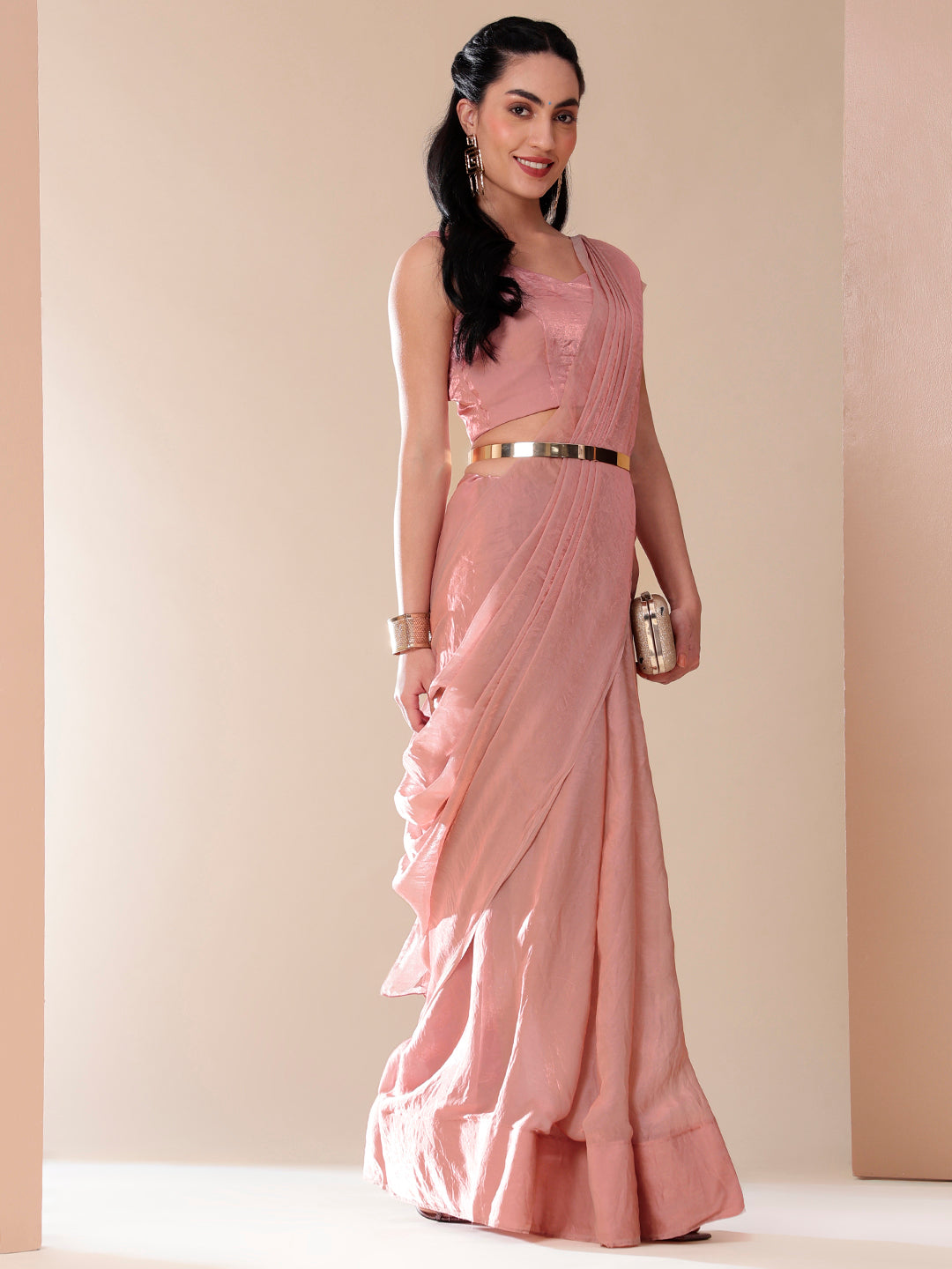 Graceful Pink Metallic Tissue Saree with Lace Border